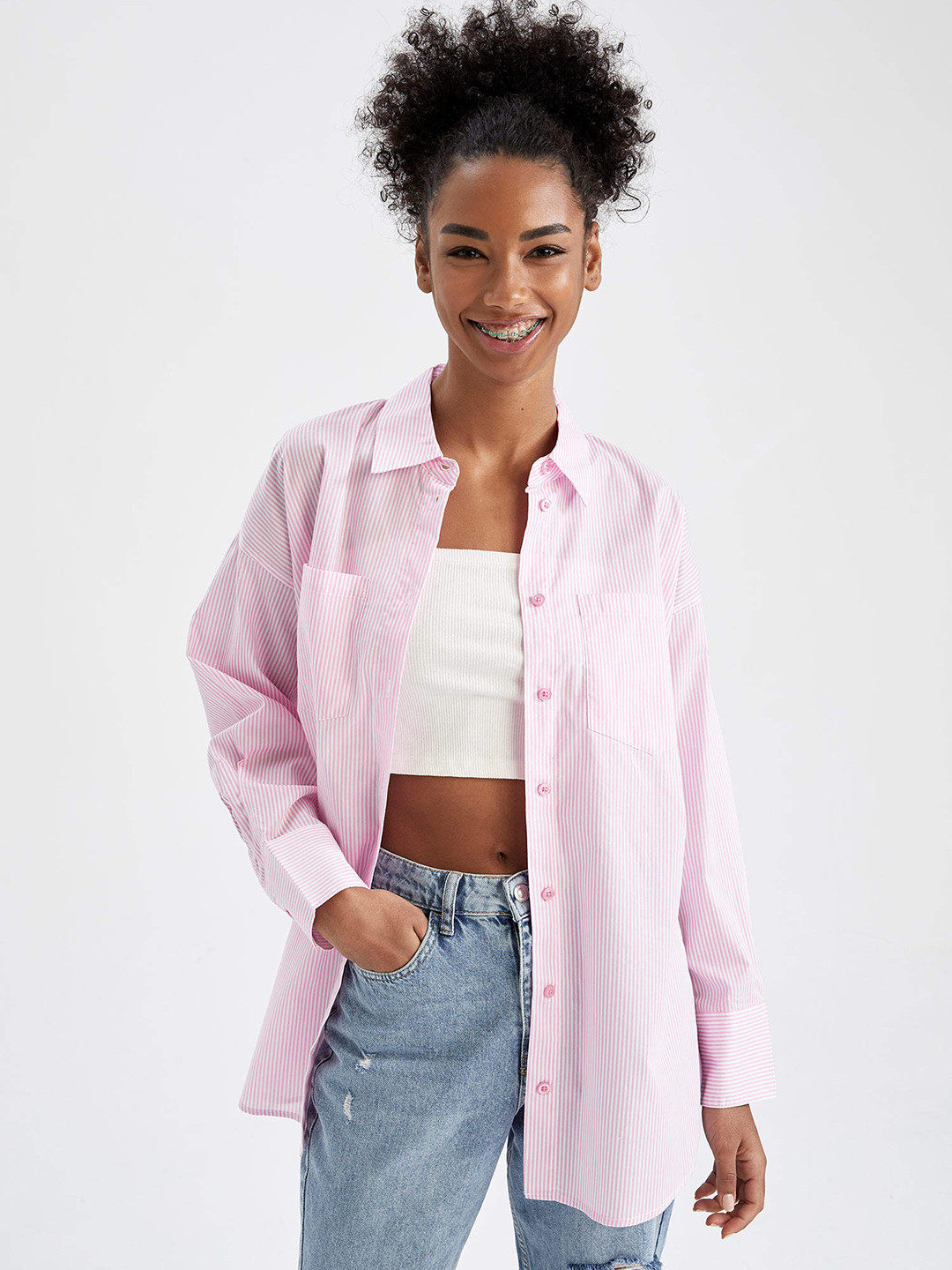 

DeFacto Women Pink & White Striped Pure Cotton Oversized Fit Longline Casual Shirt