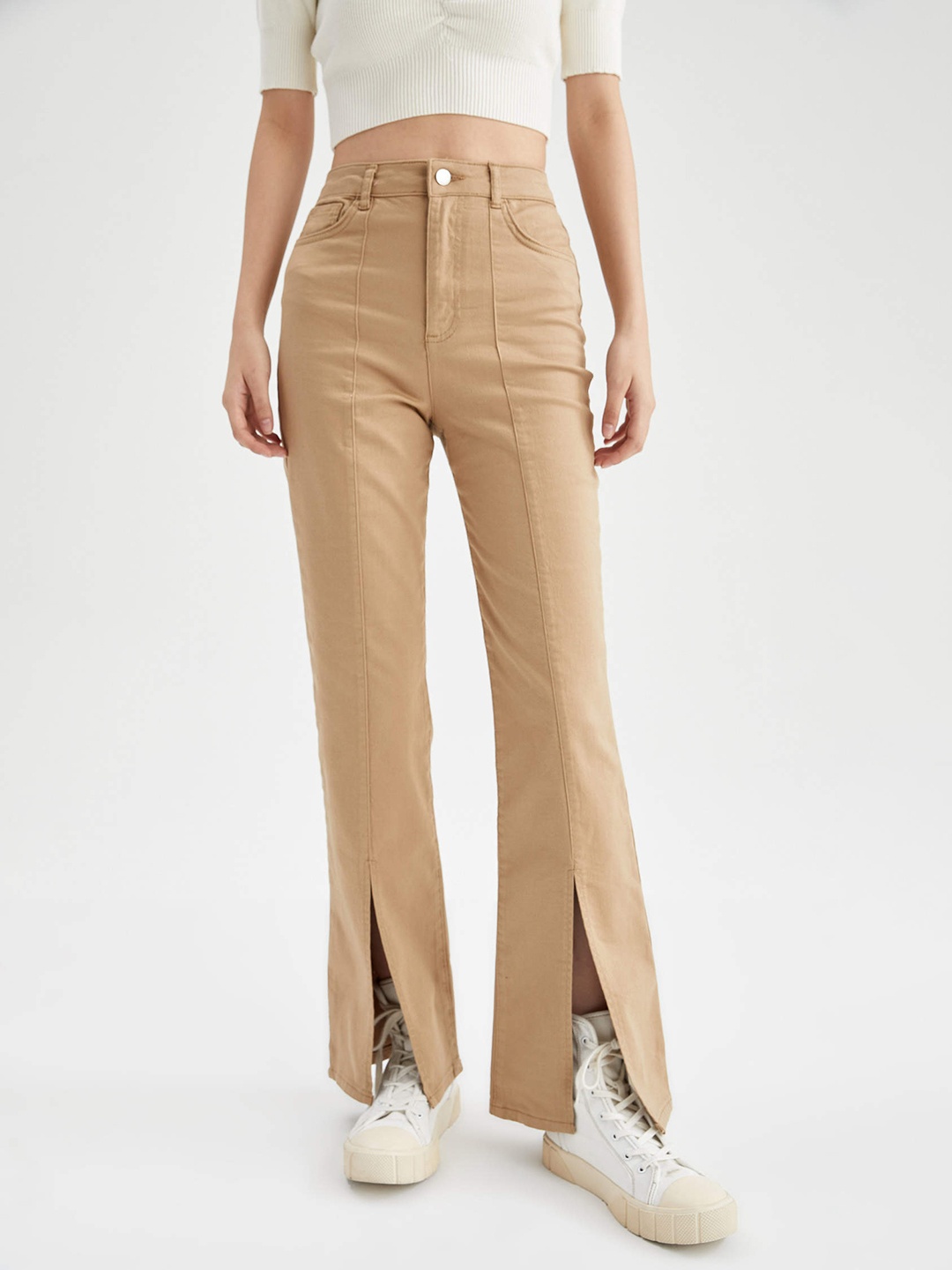 

DeFacto Women Beige Solid Bootcut Trousers