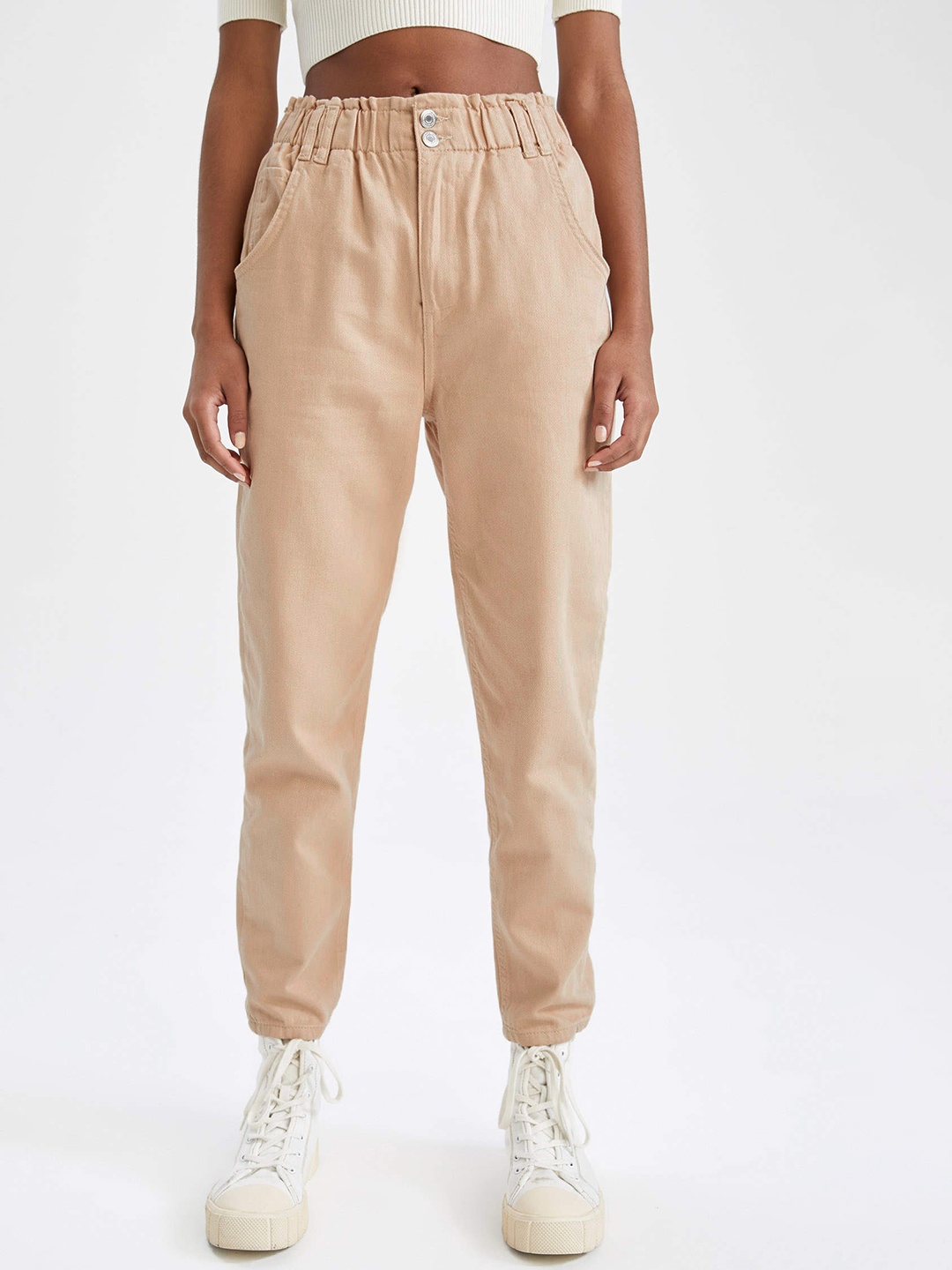 

DeFacto Women Beige Pure Cotton Solid Slouchy Fit Joggers