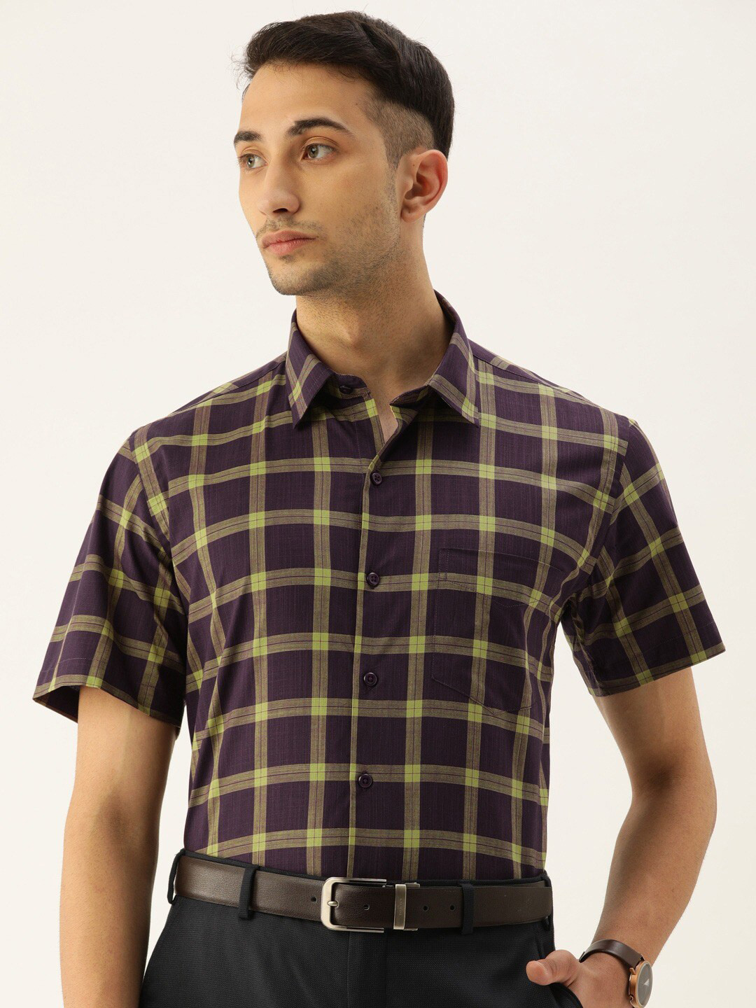 

Hancock Men Burgundy & Yellow Slim Fit Tartan Checked Pure Cotton Formal Shirt
