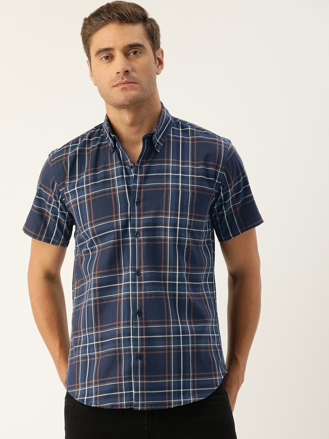 

Hancock Men Navy Blue Slim Fit Tartan Checks Checked Casual Shirt