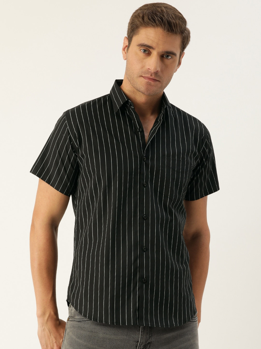 

Hancock Men Black Slim Fit Striped Pure Cotton Casual Shirt