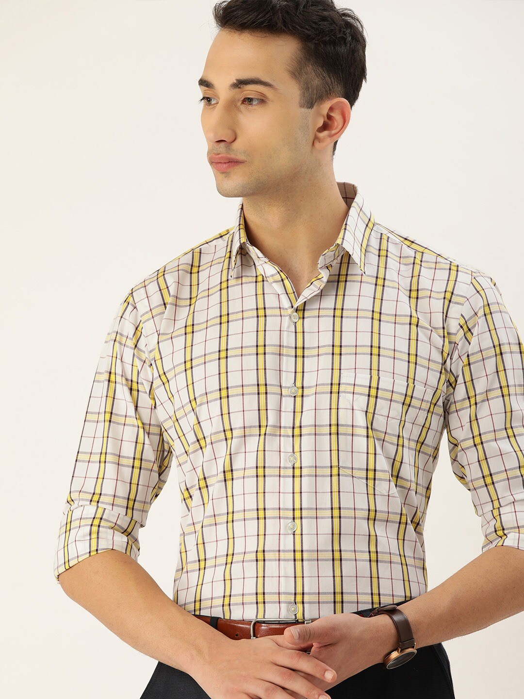 

Hancock Men Off White & Yellow Slim Fit Checked Cotton Formal Shirt