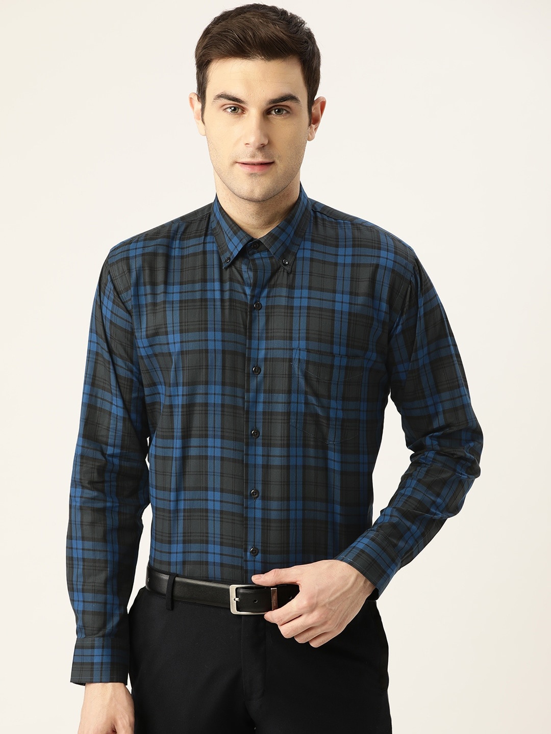 

Hancock Men Navy Blue Slim Fit Tartan Checks Checked Formal Shirt