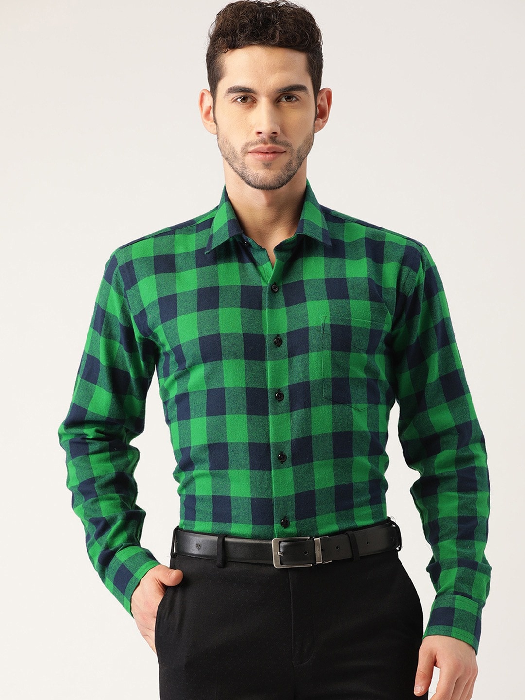 

Hancock Men Green Slim Fit Buffalo Checks Checked Cotton Formal Shirt