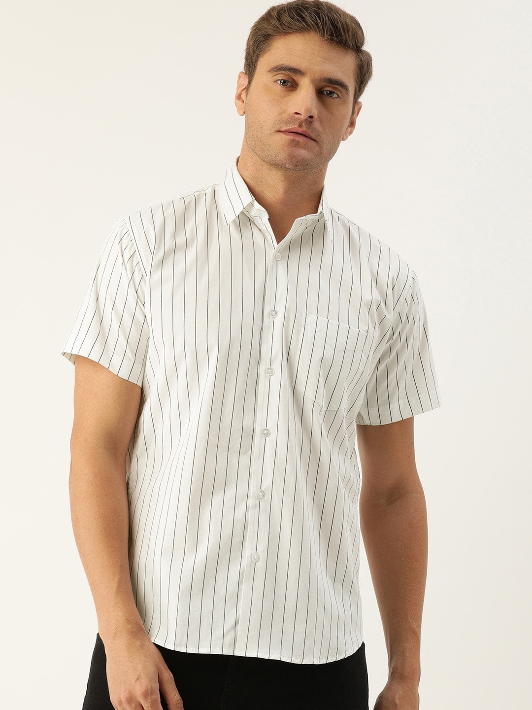 

Hancock Men White Slim Fit Striped Cotton Casual Shirt