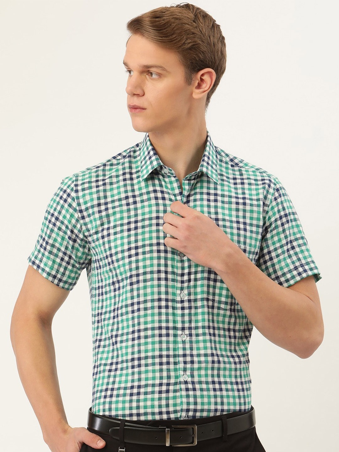 

Hancock Men Green Slim Fit Gingham Checks Checked Cotton Formal Shirt