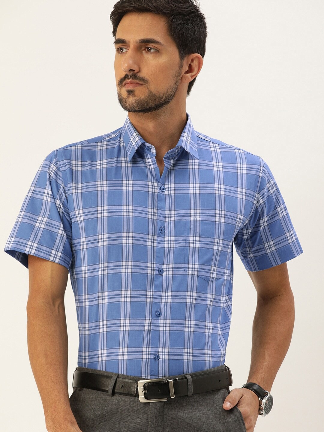 

Hancock Men Blue Slim Fit Checked Cotton Formal Shirt