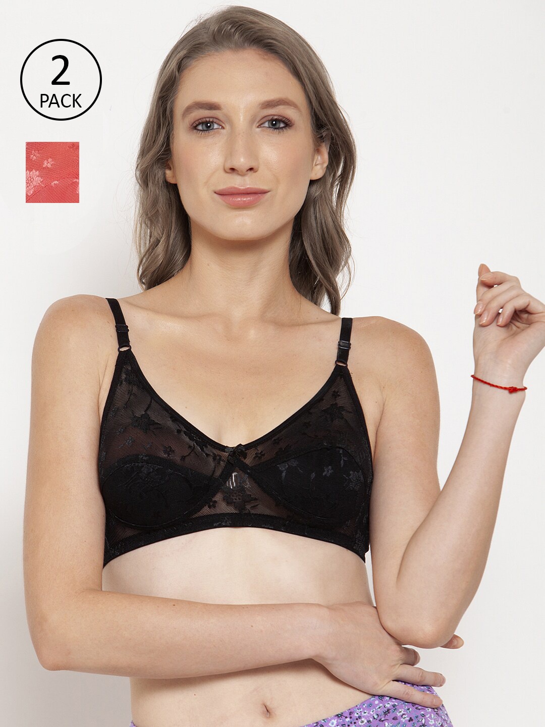 

Innocence Black & Coral Set Of 2 Lace Non-Wired Everyday Bra