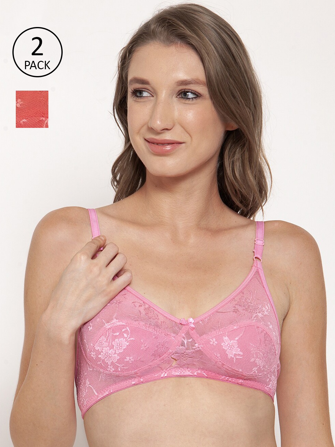 

Innocence Pink & Coral Non padded Non Wired Bridal Floral Lace Bra Set Of 2