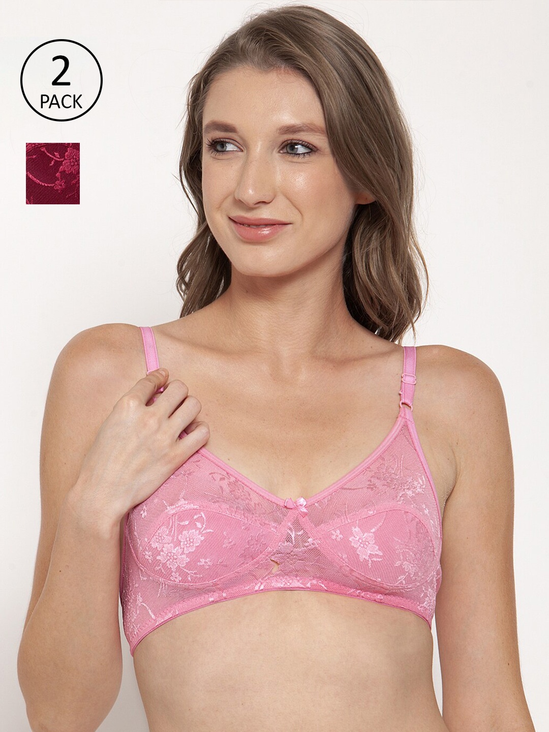 

Innocence Women Pink & Burgundy Non padded Non Wired Bridal Floral Lace Bra Set Of 2
