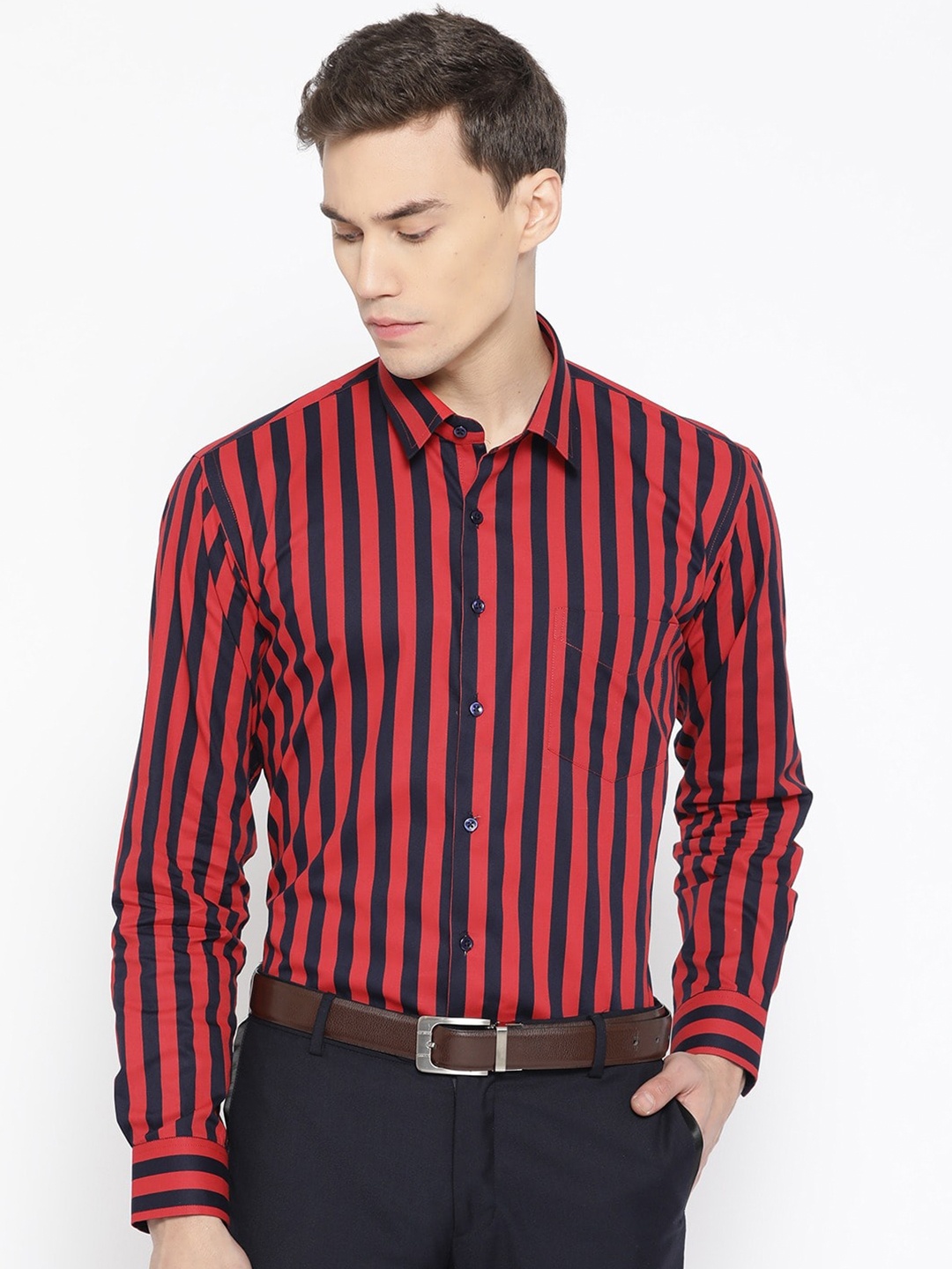 

Hancock Men Navy Blue Slim Fit Striped Cotton Formal Shirt