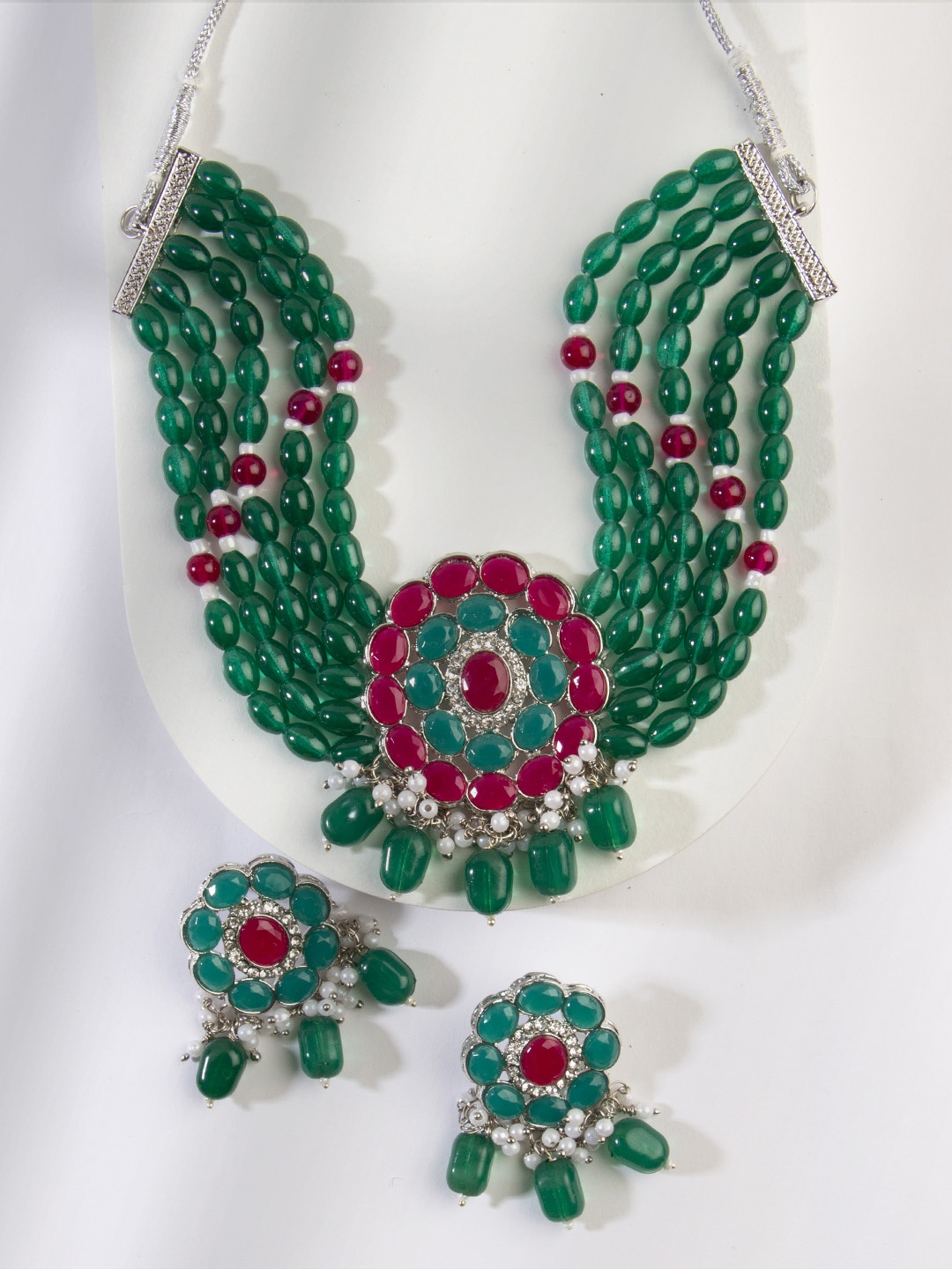 

AccessHer Silver-Plated Green & Red Beaded Jewellery Set