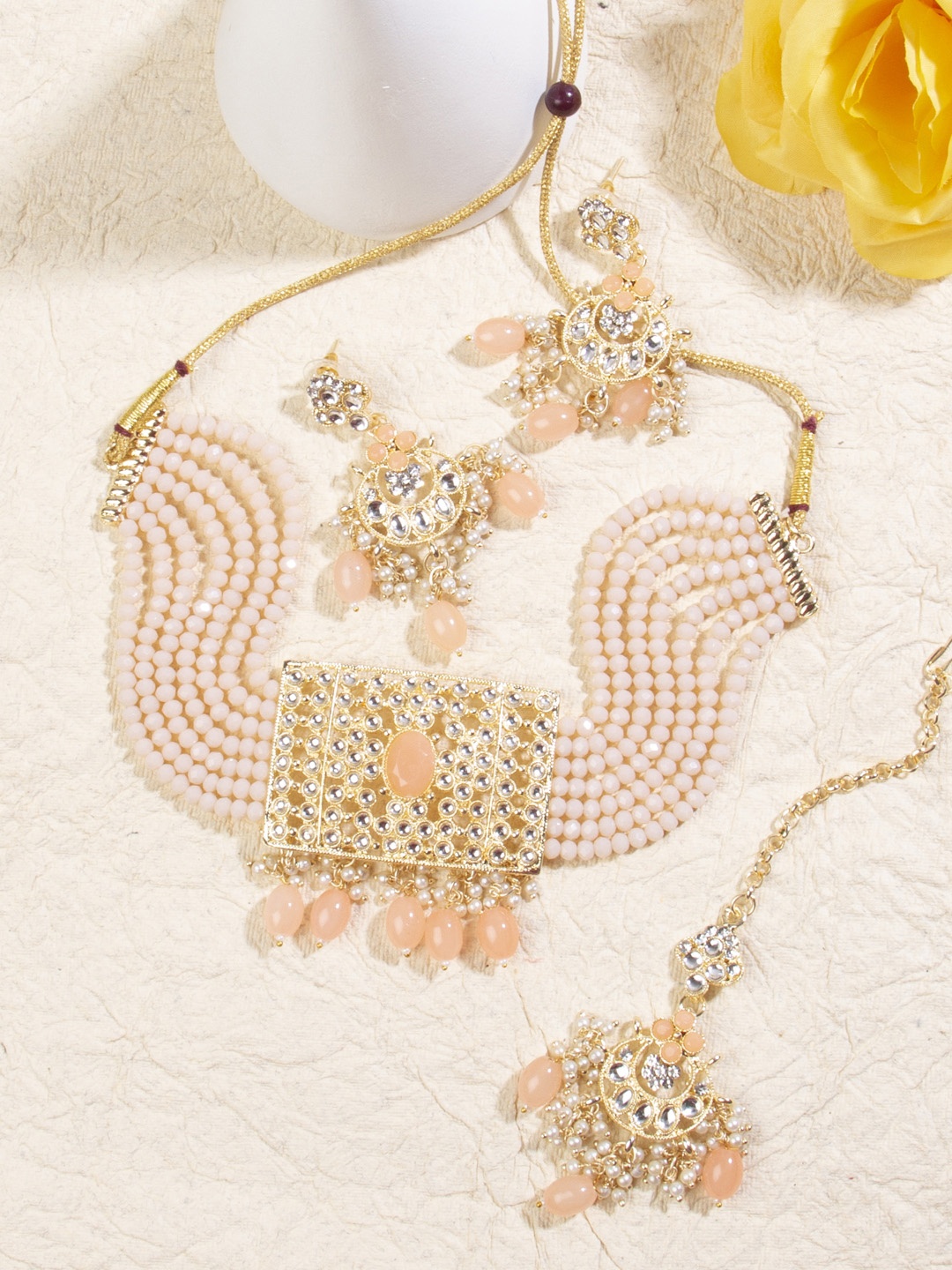 

AccessHer Gold-Plated Pink Kundan-Studded & Beaded Jewellery Set