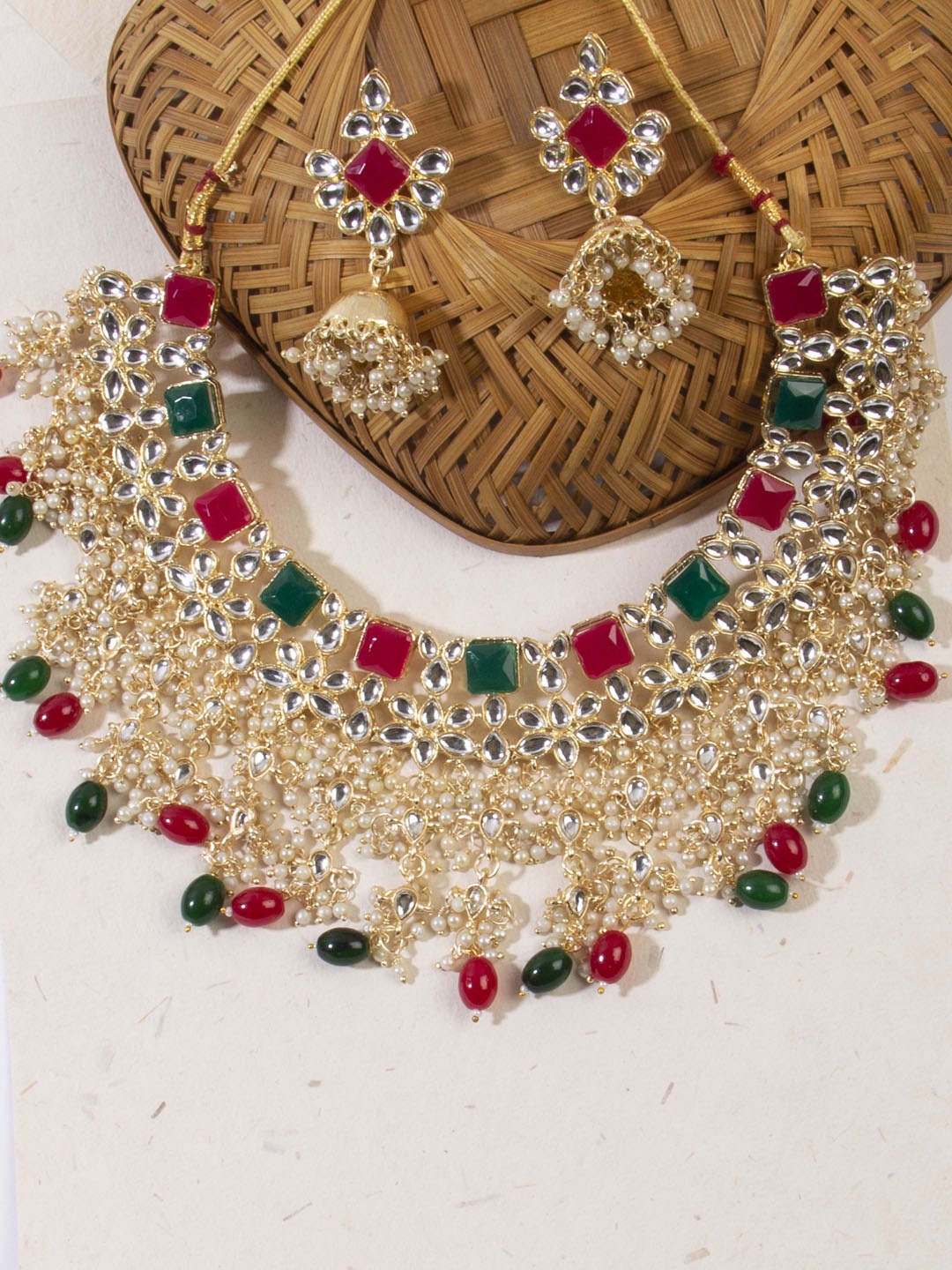 

AccessHer Gold-Plated Red & Green Kundan-Studded & Beaded Jewellery Set