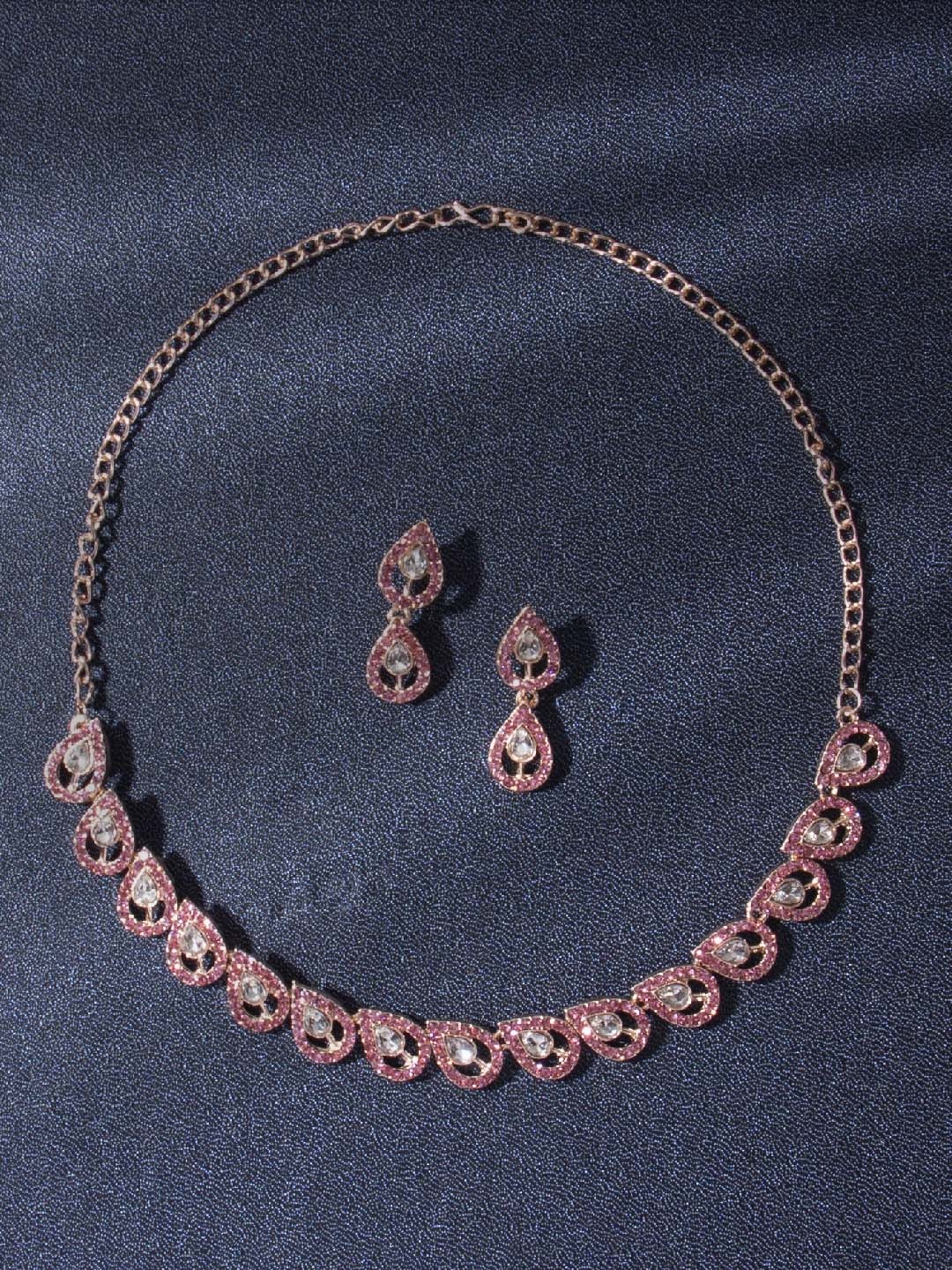 

AccessHer Rose Gold-Plated Pink AD-Studded Jewellery Set