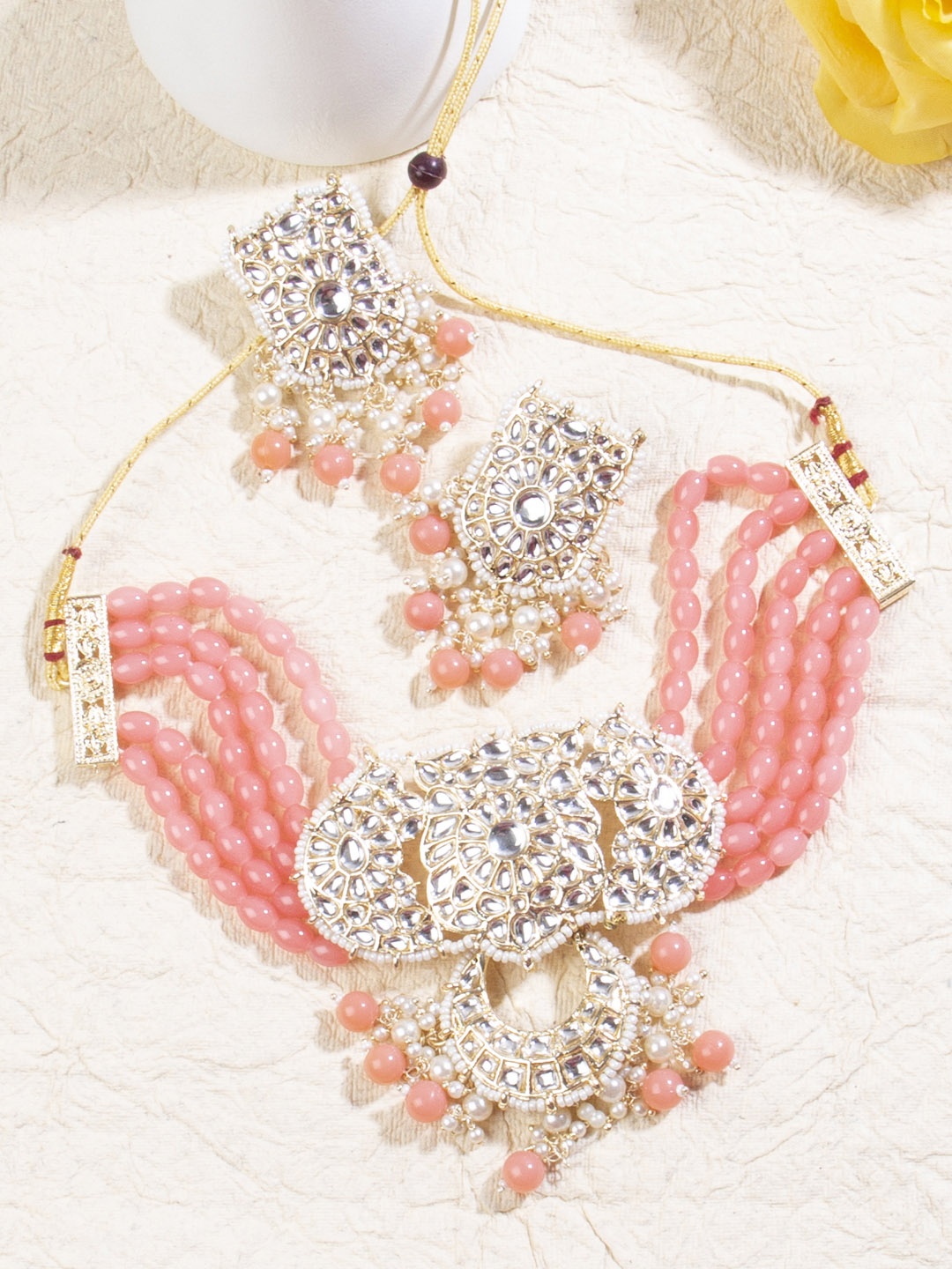 

AccessHer Gold-Plated Pink Kundan-Studded & Beaded Jewellery Set