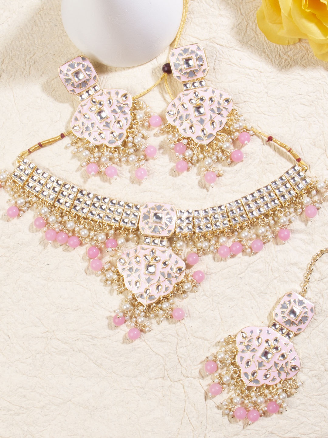 

AccessHer Gold-Plated Pink Kundan Studded Enamelled Jewellery Set