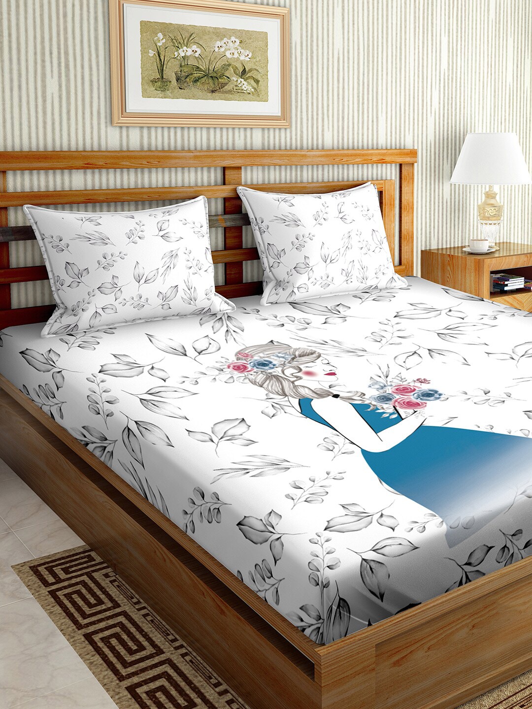 

BELLA CASA Blue & White Abstract Printed 180 TC 1 King Bedsheet with 2 Pillow Covers