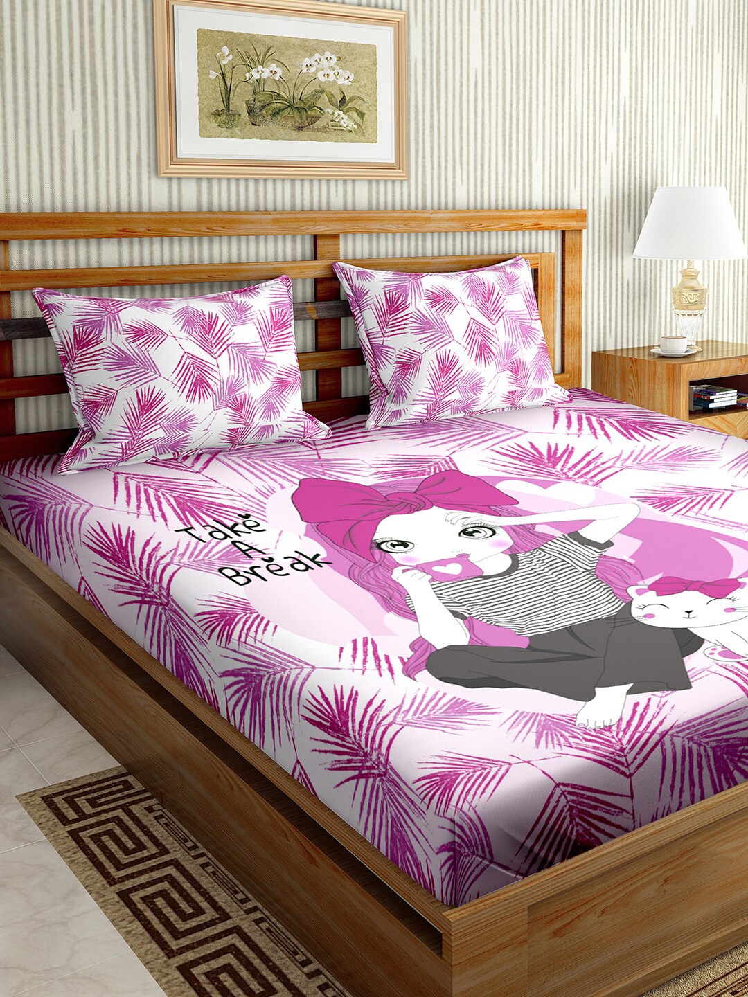 

BELLA CASA Kids Regal Pink & White Printed 180 TC King Bedsheet & 2 Pillow Covers