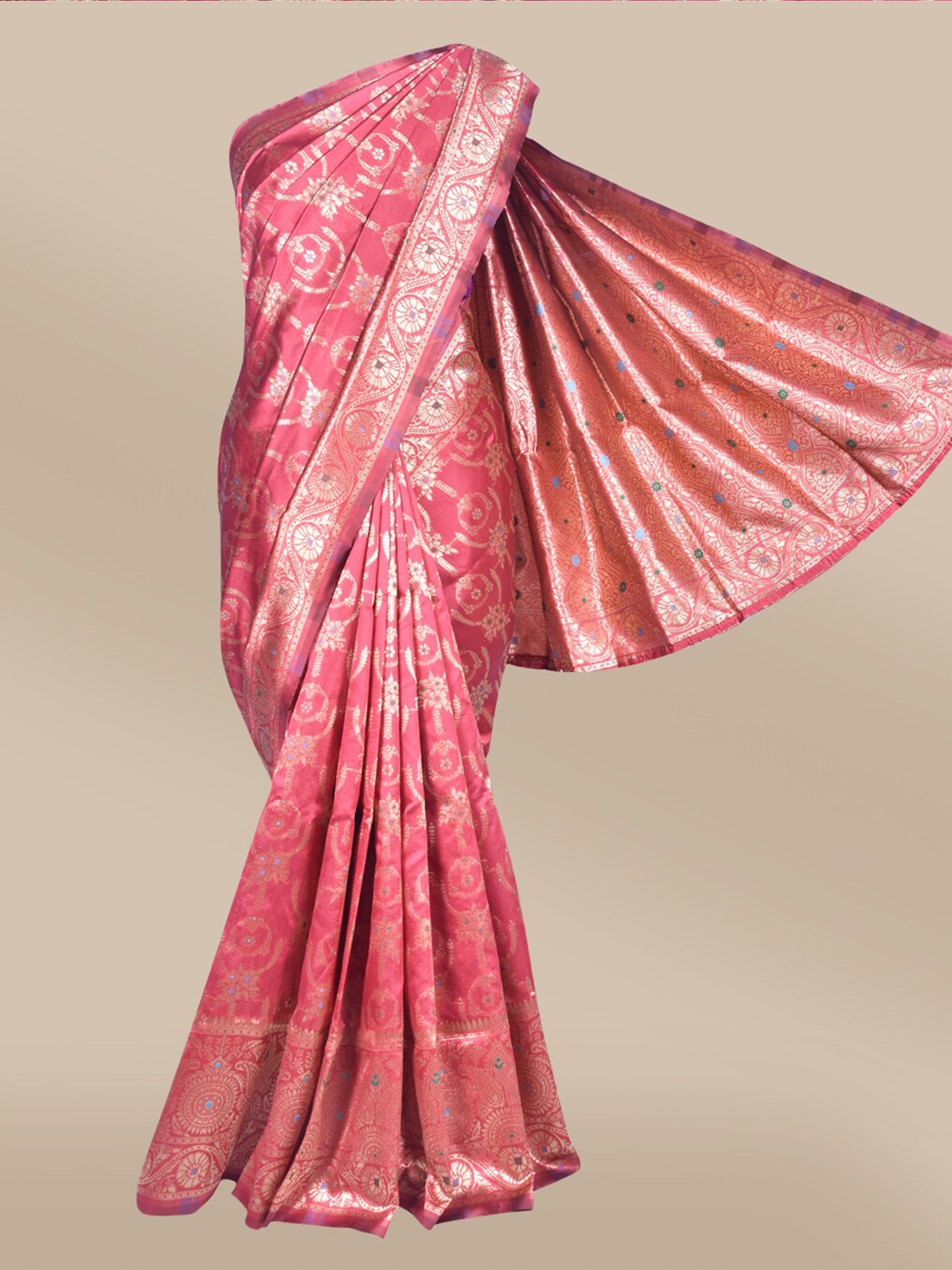 

The Chennai Silks Pink & Silver-Toned Floral Zari Art Silk Fusion Banarasi Saree