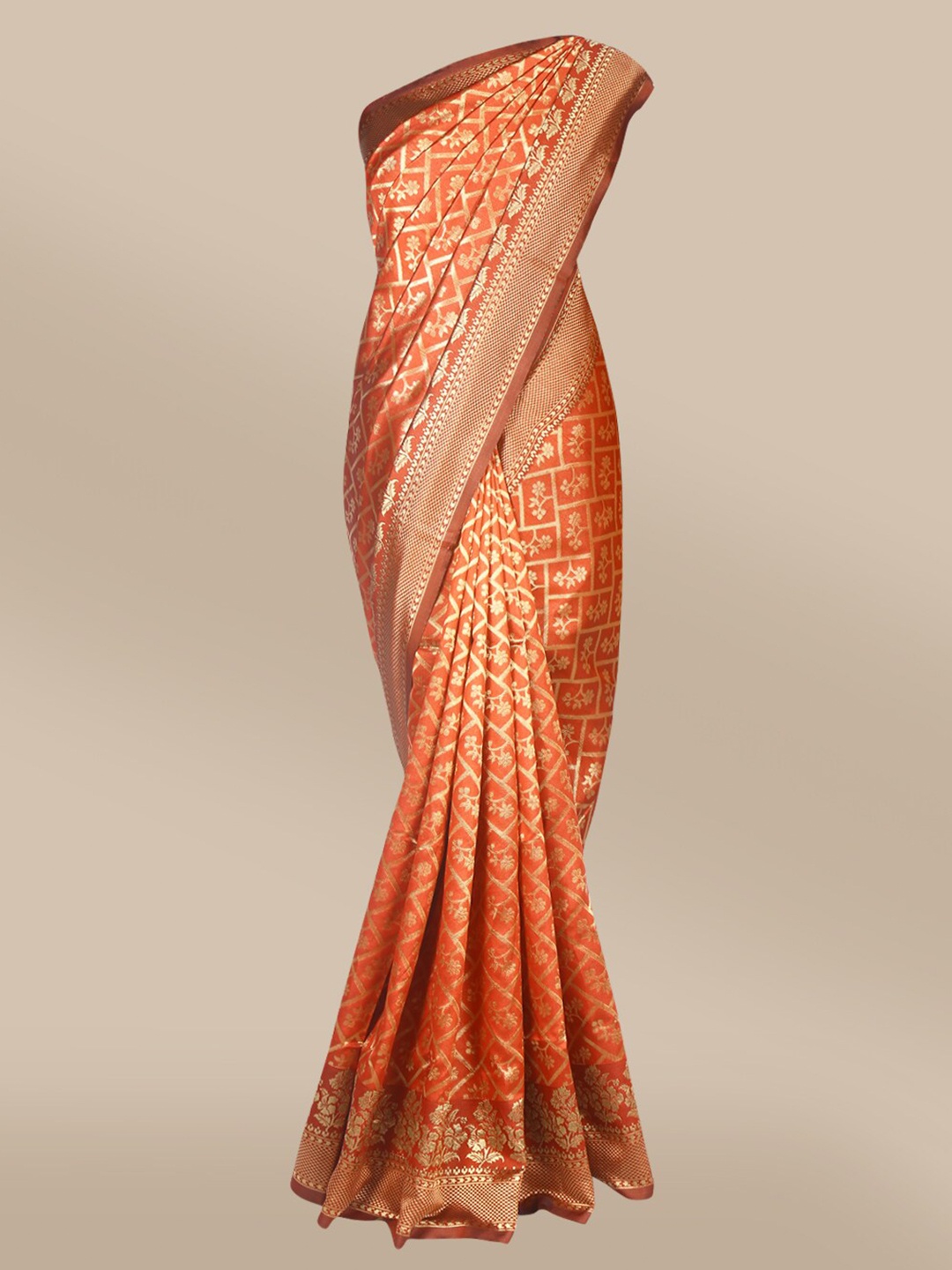 

The Chennai Silks Orange & Gold-Toned Art Silk Banarasi Saree