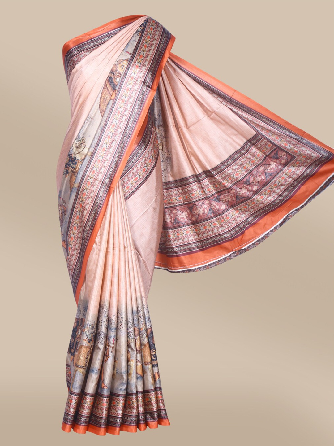 

The Chennai Silks Peach-Coloured & Grey Ethnic Motifs Printed Fusion Saree