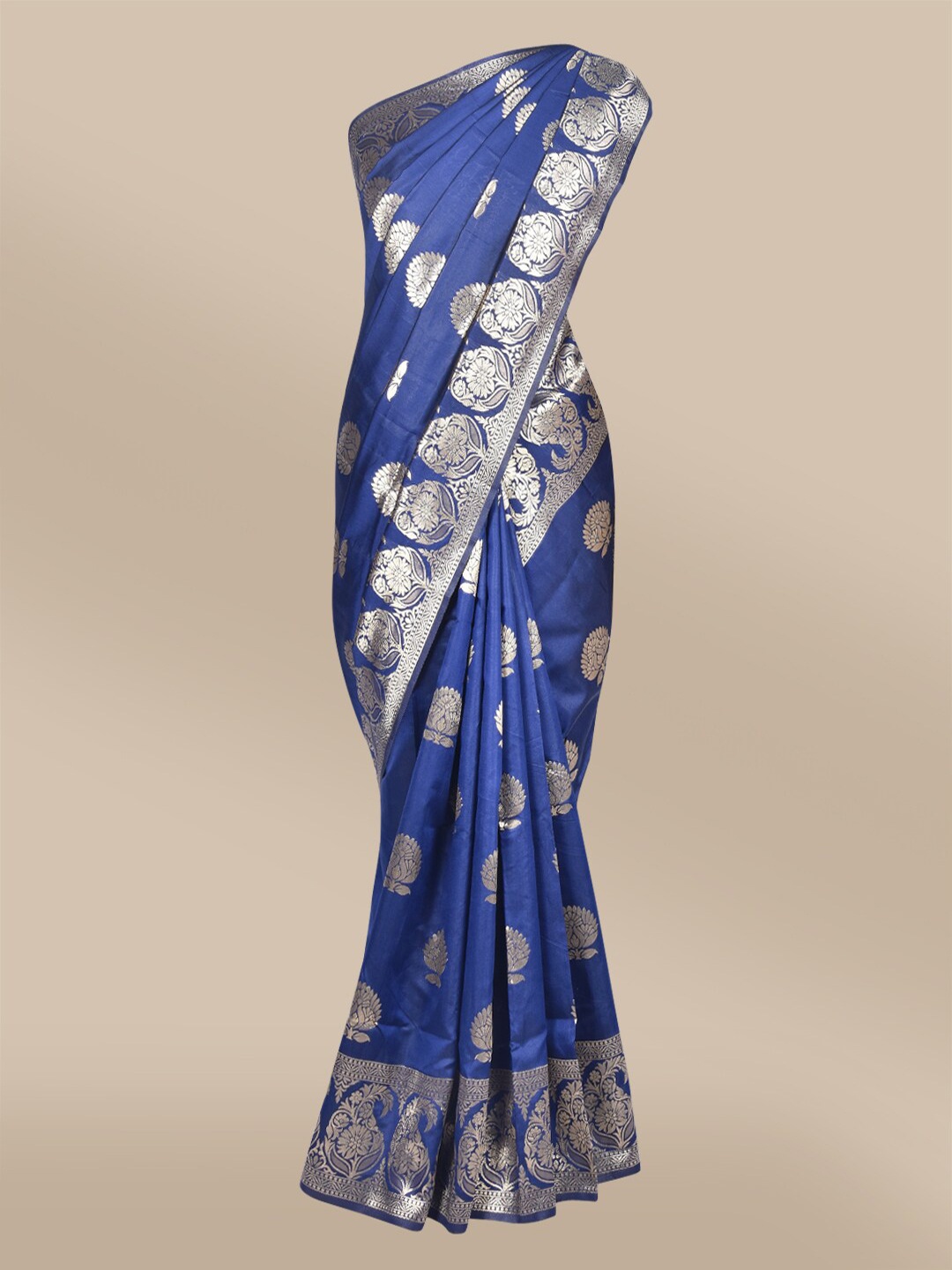 

The Chennai Silks Navy Blue & Silver-Toned Ethnic Motifs Zari Art Silk Banarasi Saree