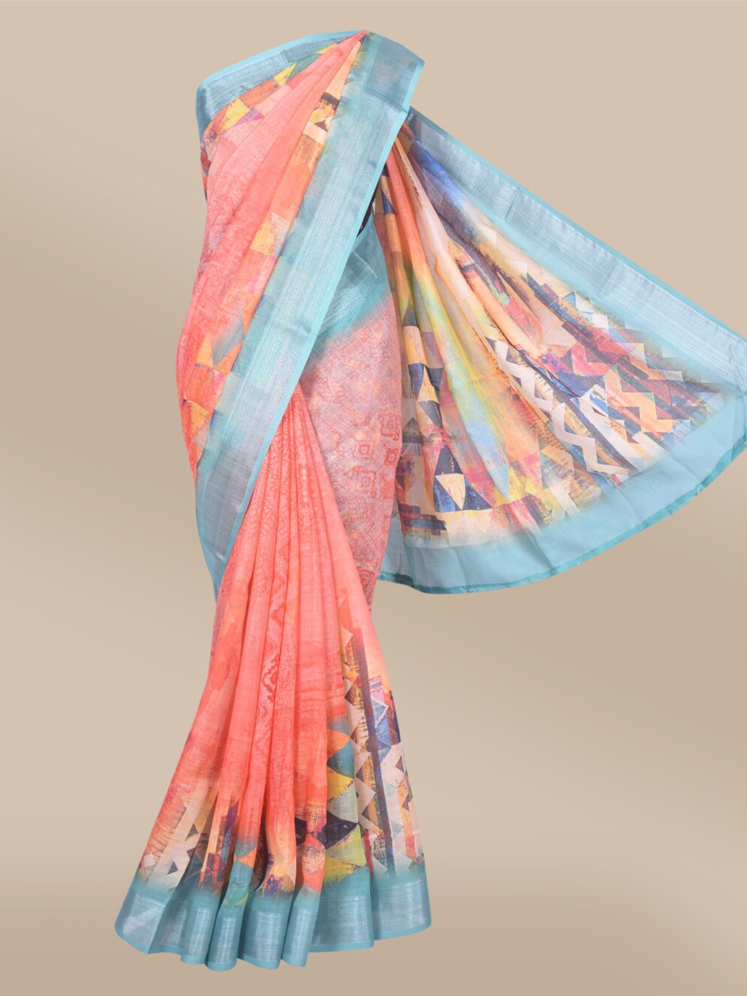 

The Chennai Silks Orange & Blue Zari Linen Blend Fusion Saree