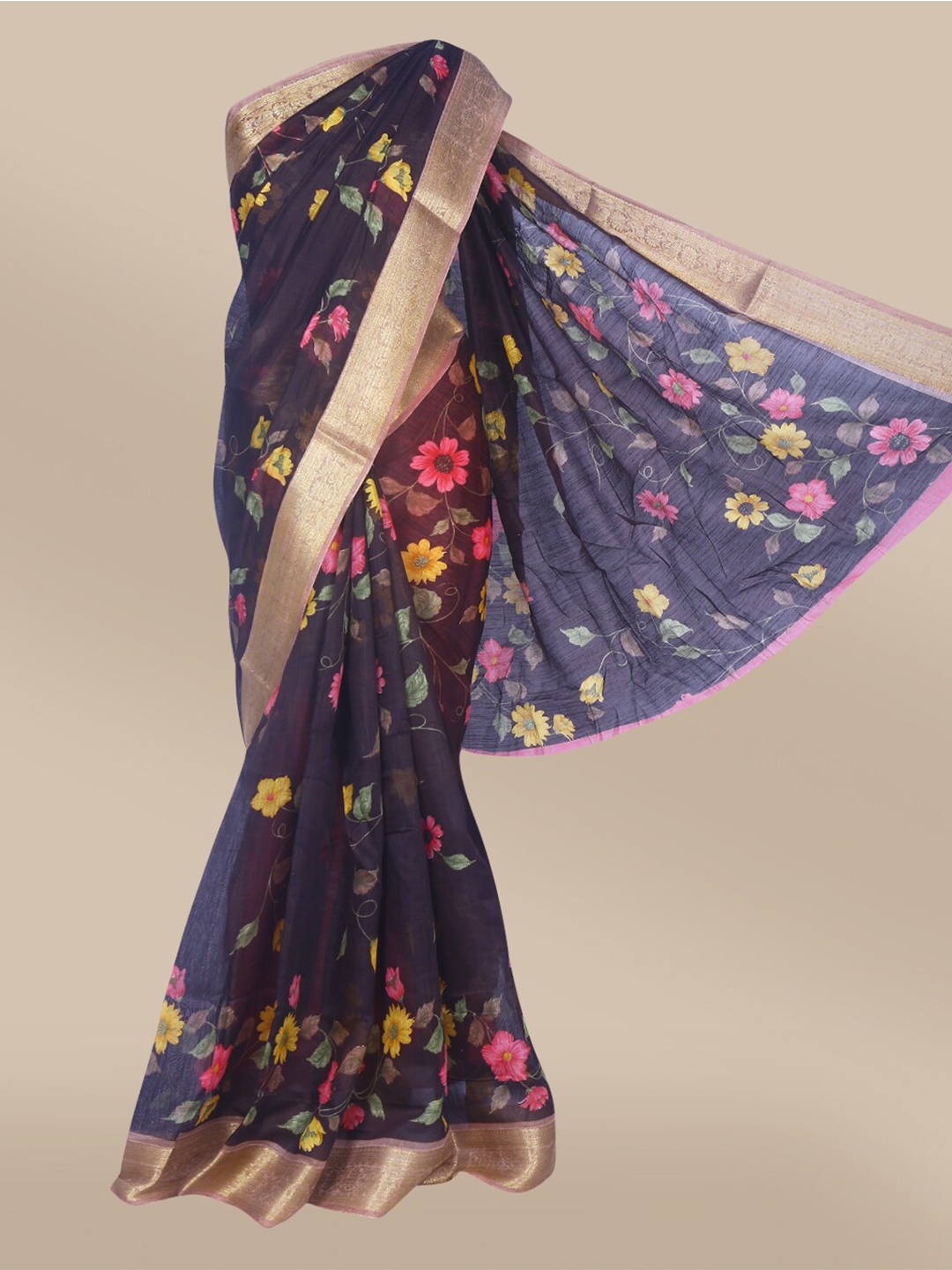 

The Chennai Silks Purple & Pink Floral Linen Blend Fusion Saree