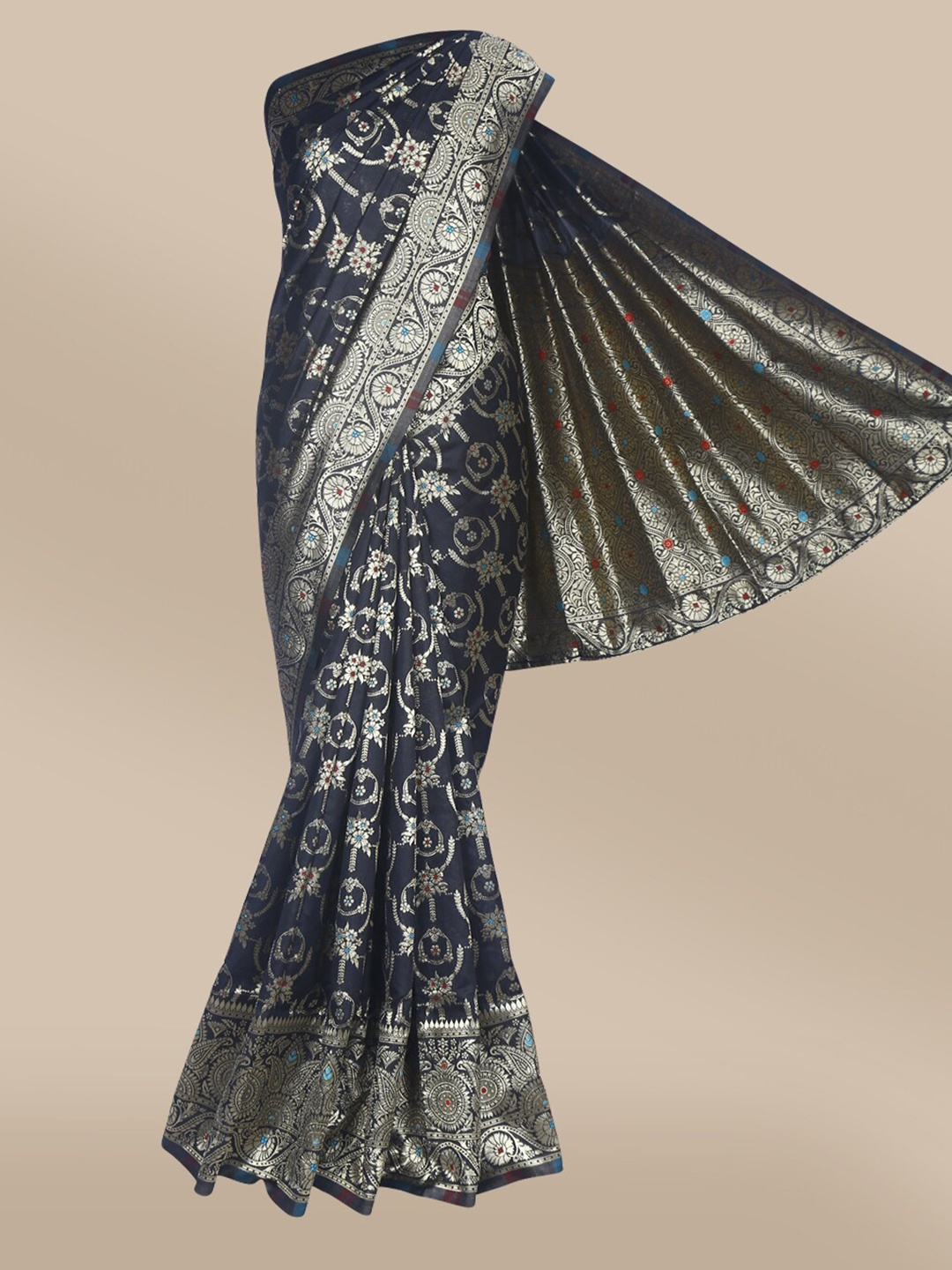 

The Chennai Silks Black & Silver-Toned Floral Zari Art Silk Banarasi Saree