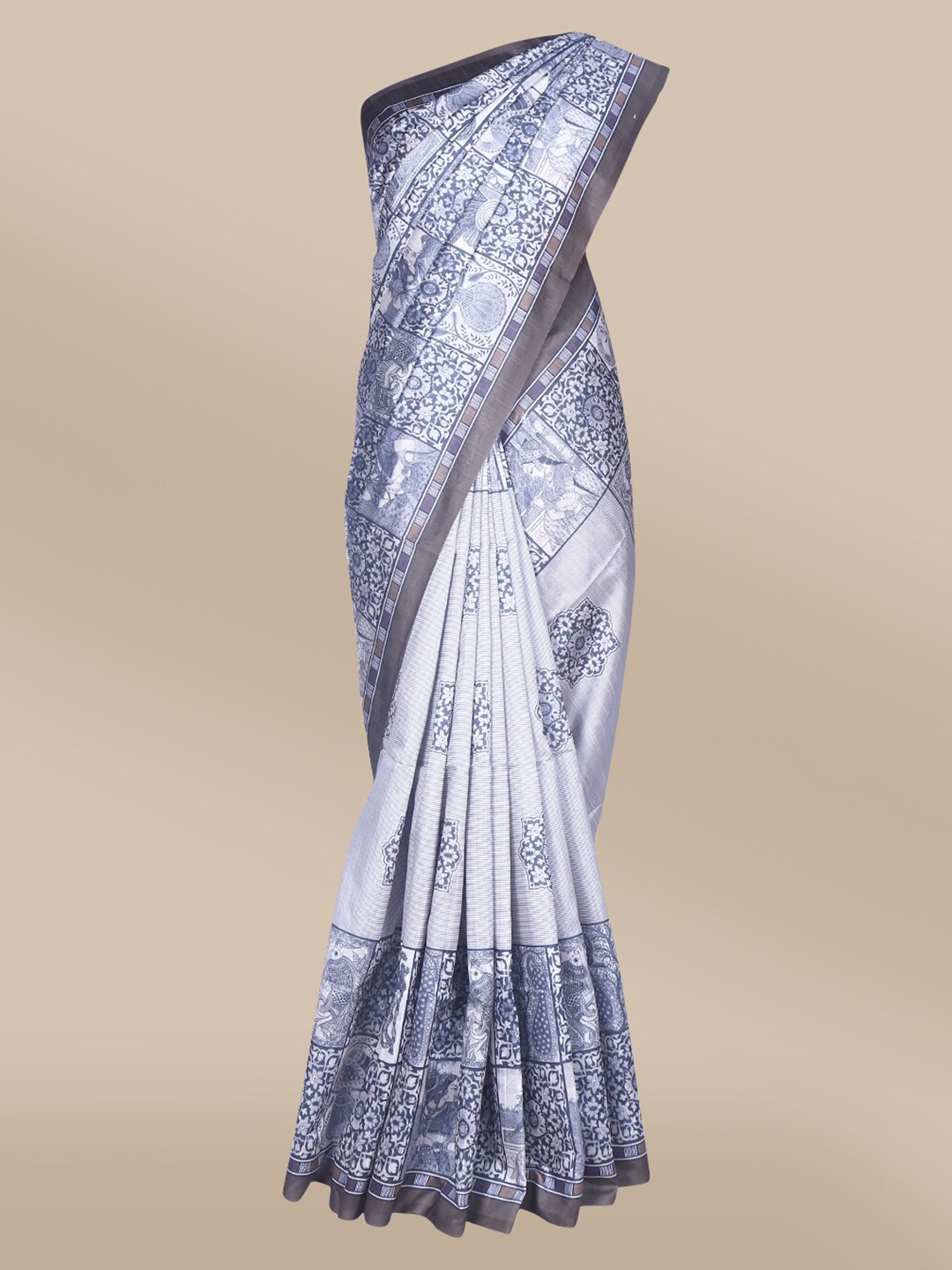 

The Chennai Silks Grey & White Floral Fusion Bhagalpuri Saree