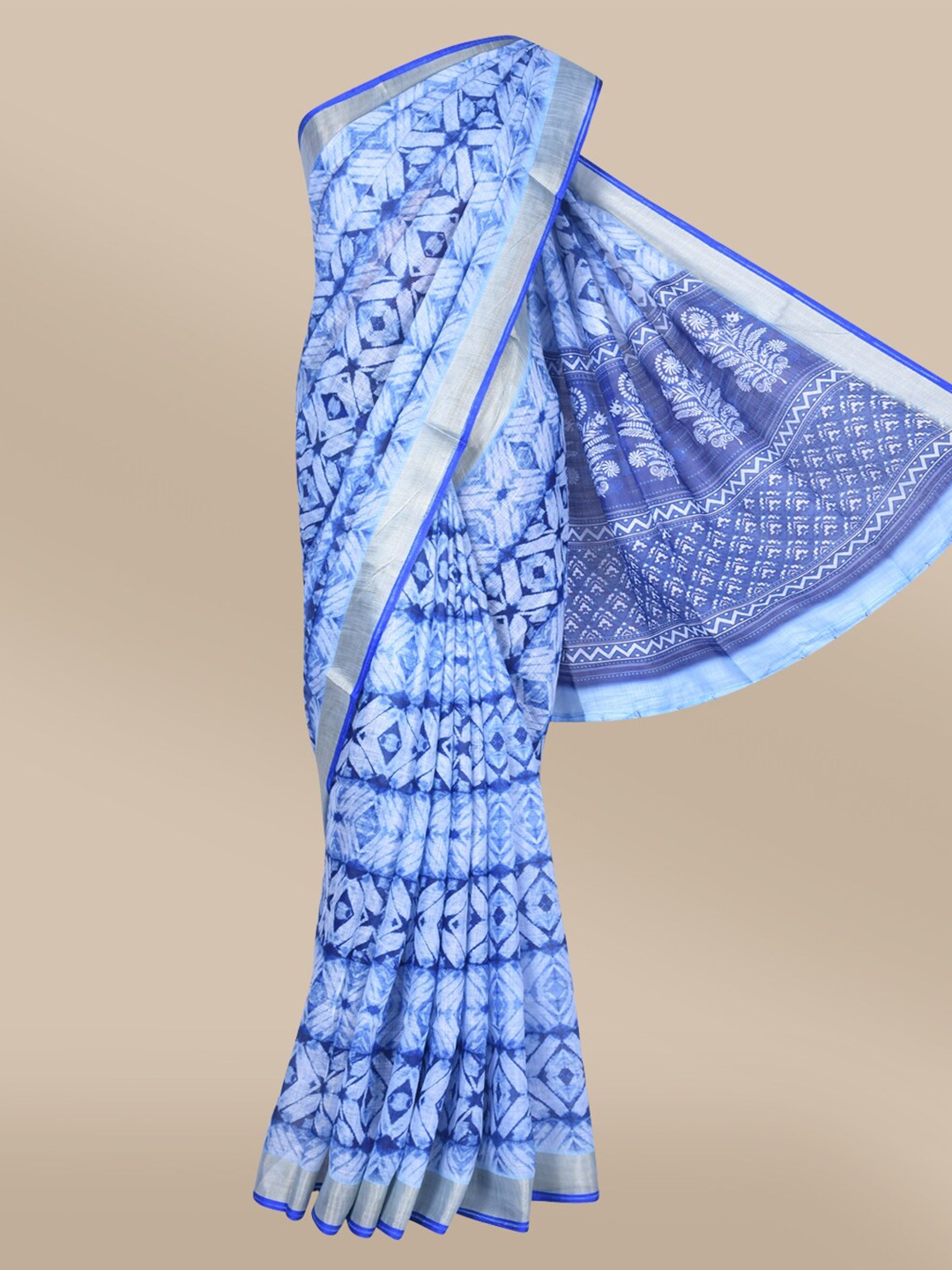 

The Chennai Silks Blue & Silver-Toned Batik Zari Linen Blend Saree