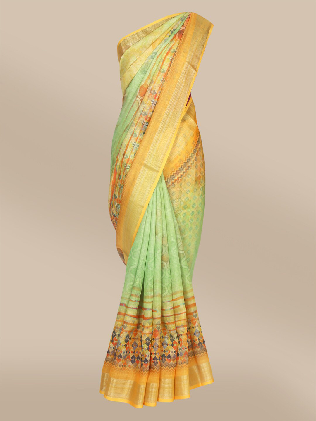 

The Chennai Silks Green & Yellow Zari Linen Blend Fusion Saree