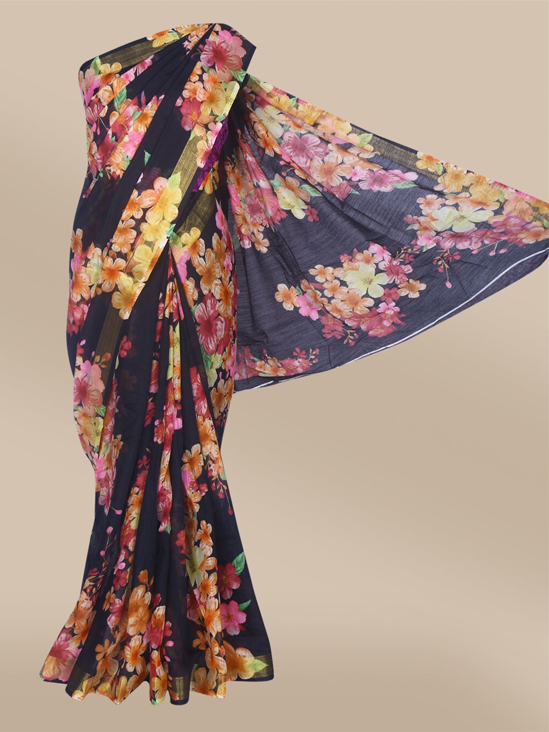 

The Chennai Silks Black & Pink Floral Printed Fusion Bhagalpuri Saree