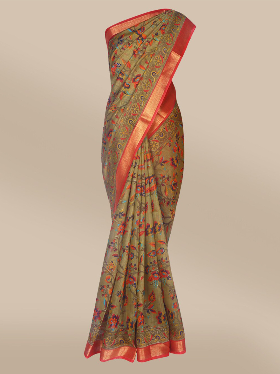 

The Chennai Silks Green & Red Floral Zari Fusion Bhagalpuri Saree
