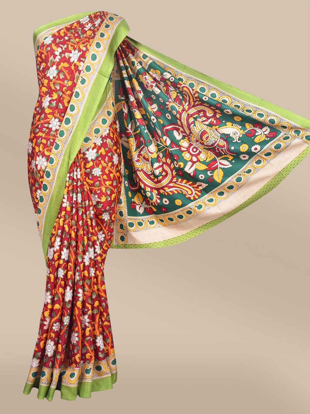 

The Chennai Silks Red & Green Floral Printed Polyester Fusion Saree