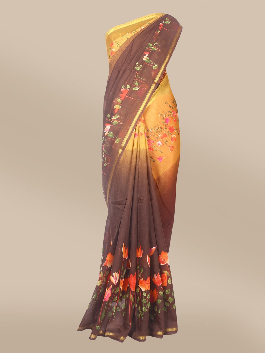 

The Chennai Silks Mustard & Brown Floral Bhagalpuri Art Silk Fusion Saree