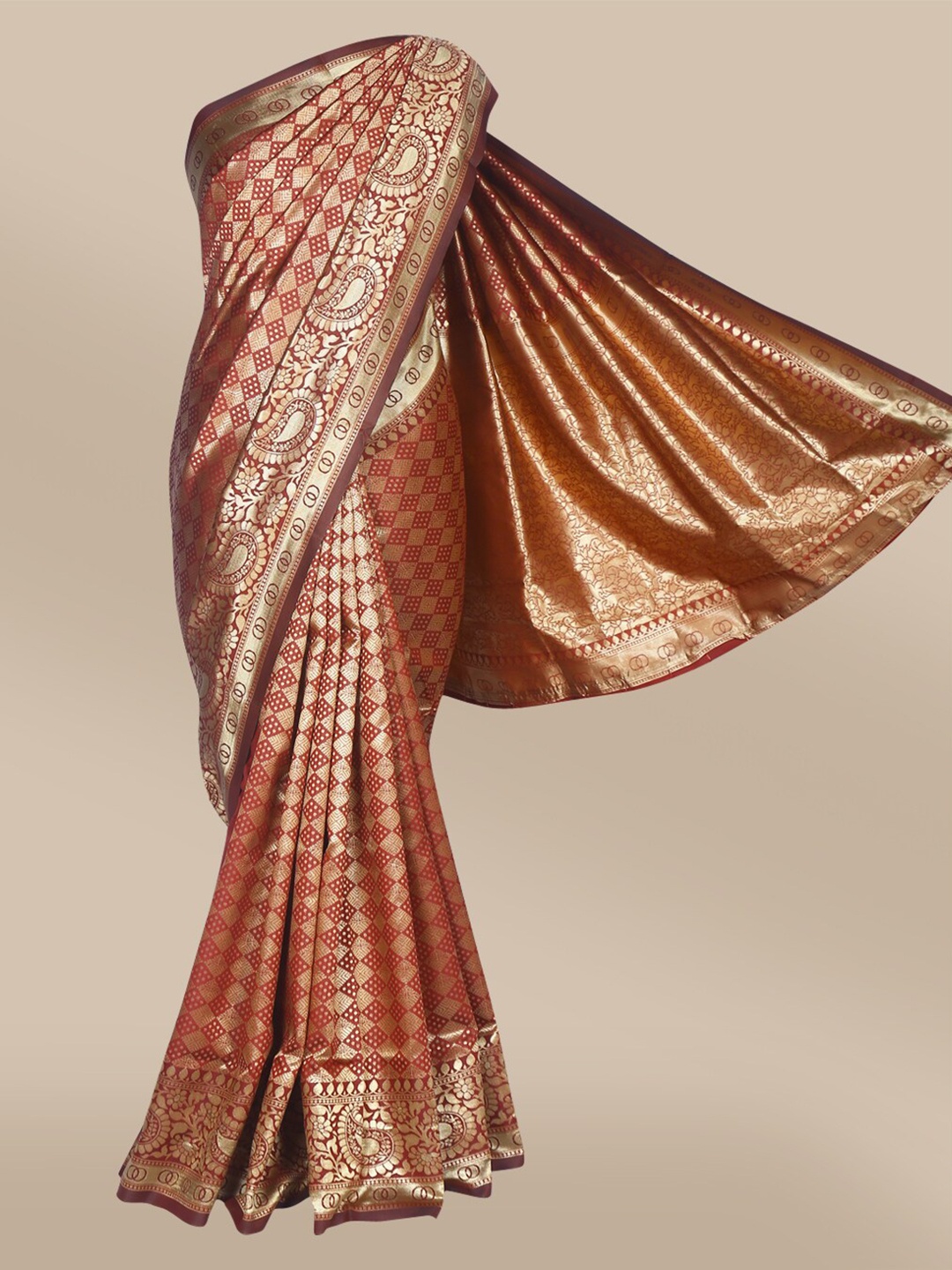 

The Chennai Silks Maroon & Gold-Toned Paisley Zari Art Silk Banarasi Saree