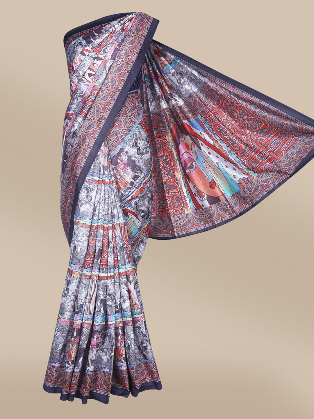 

The Chennai Silks Navy Blue & Red Paisley Printed Fusion Bhagalpuri Saree