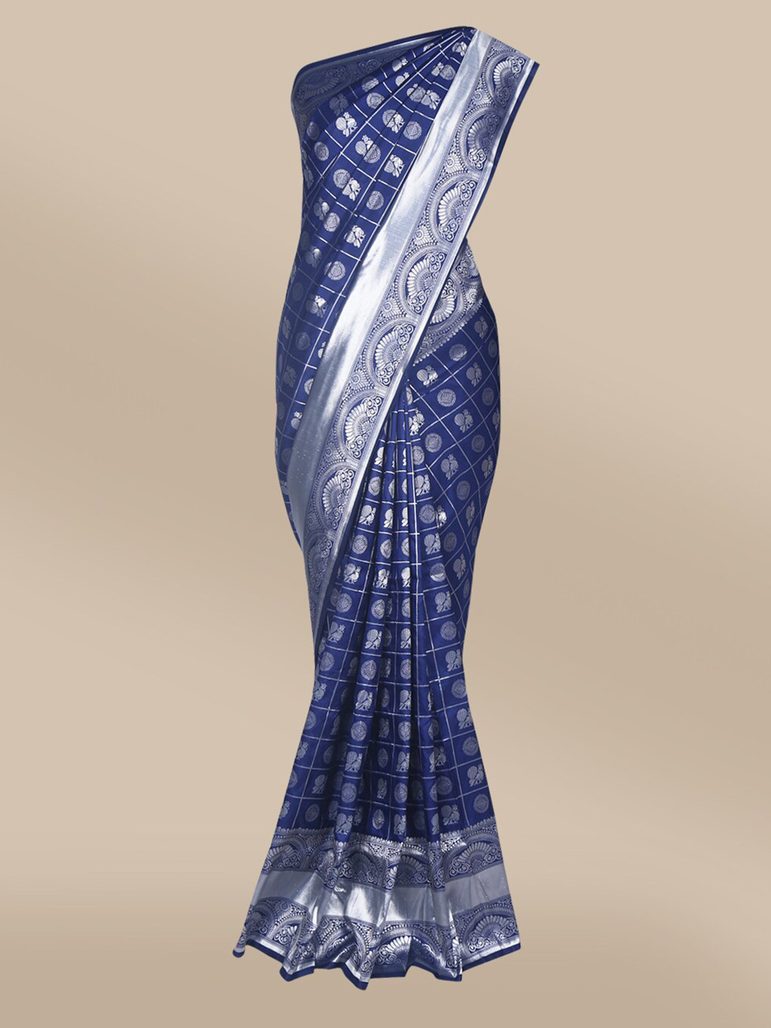 

The Chennai Silks Blue & Silver-Toned Checked Zari Art Silk Fusion Banarasi Saree