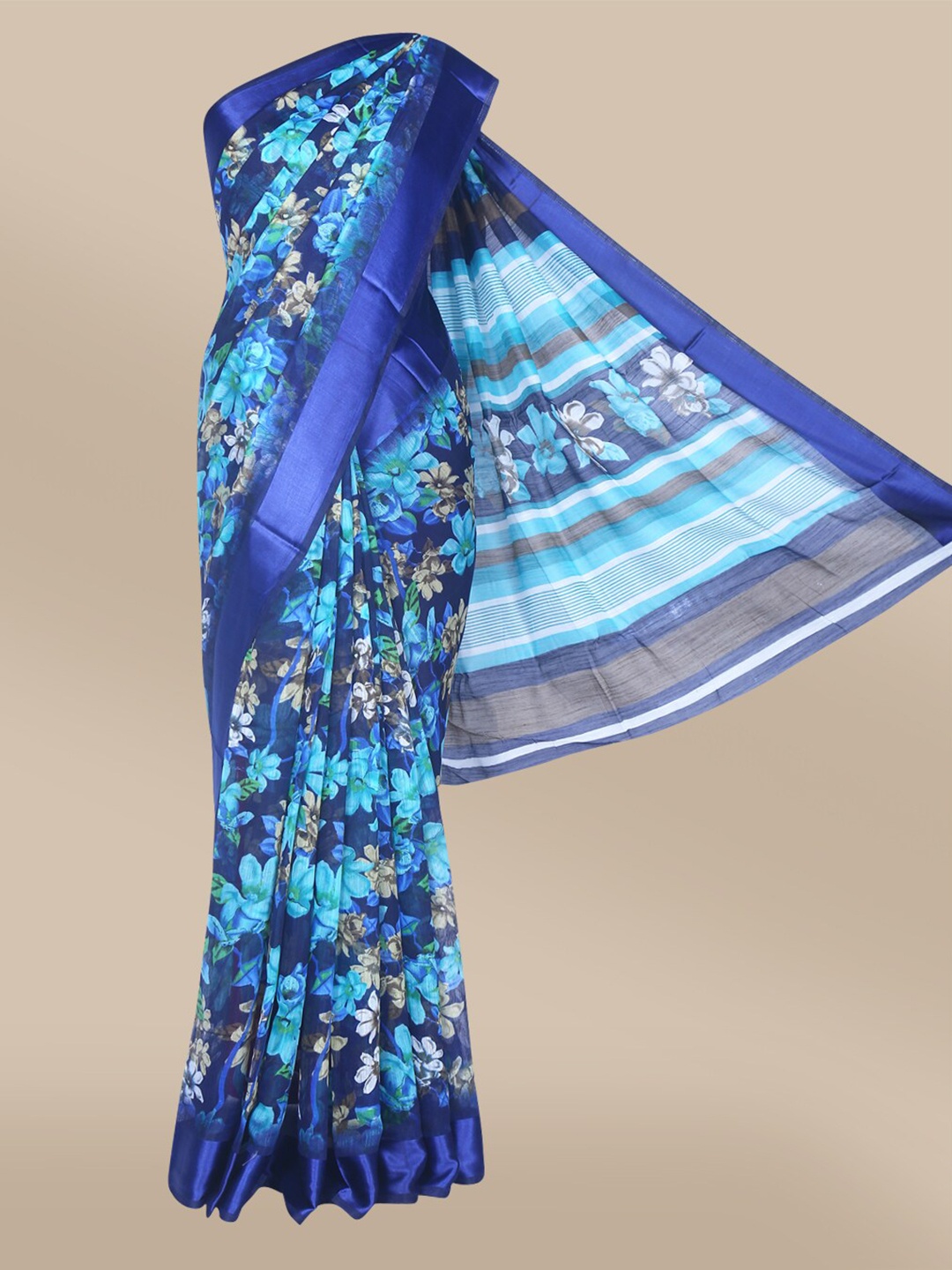 

The Chennai Silks Navy Blue & Green Floral Brasso Fusion Saree