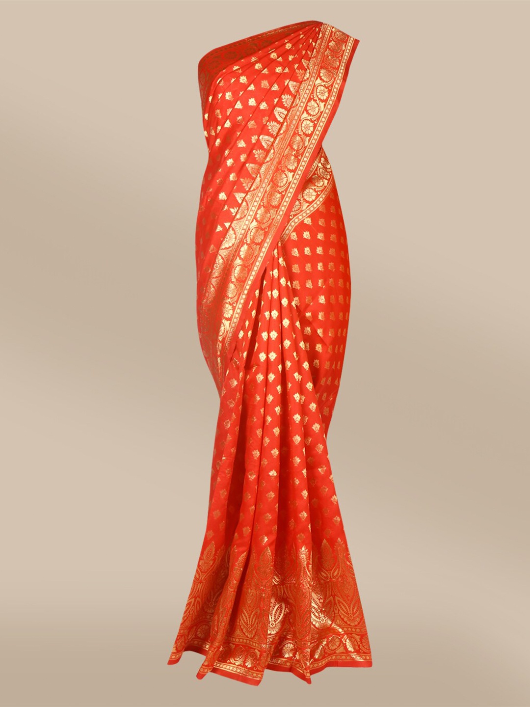 

The Chennai Silks Orange & Gold-Toned Ethnic Motifs Zari Art Silk Fusion Banarasi Saree