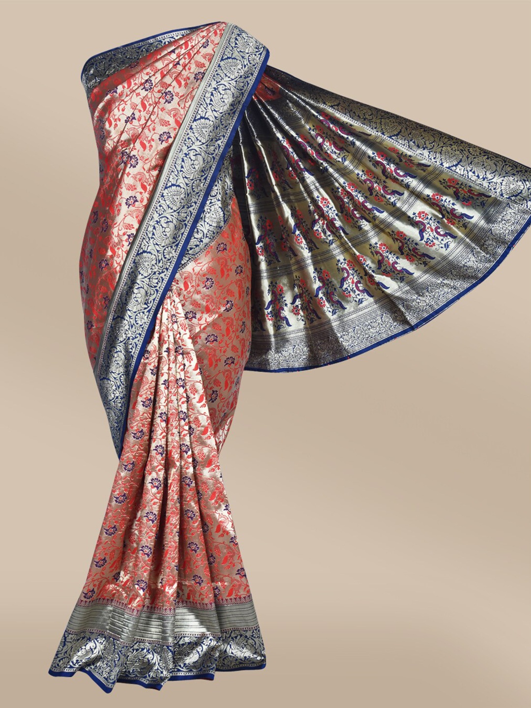 

The Chennai Silks Orange & Blue Floral Zari Art Silk Banarasi Saree