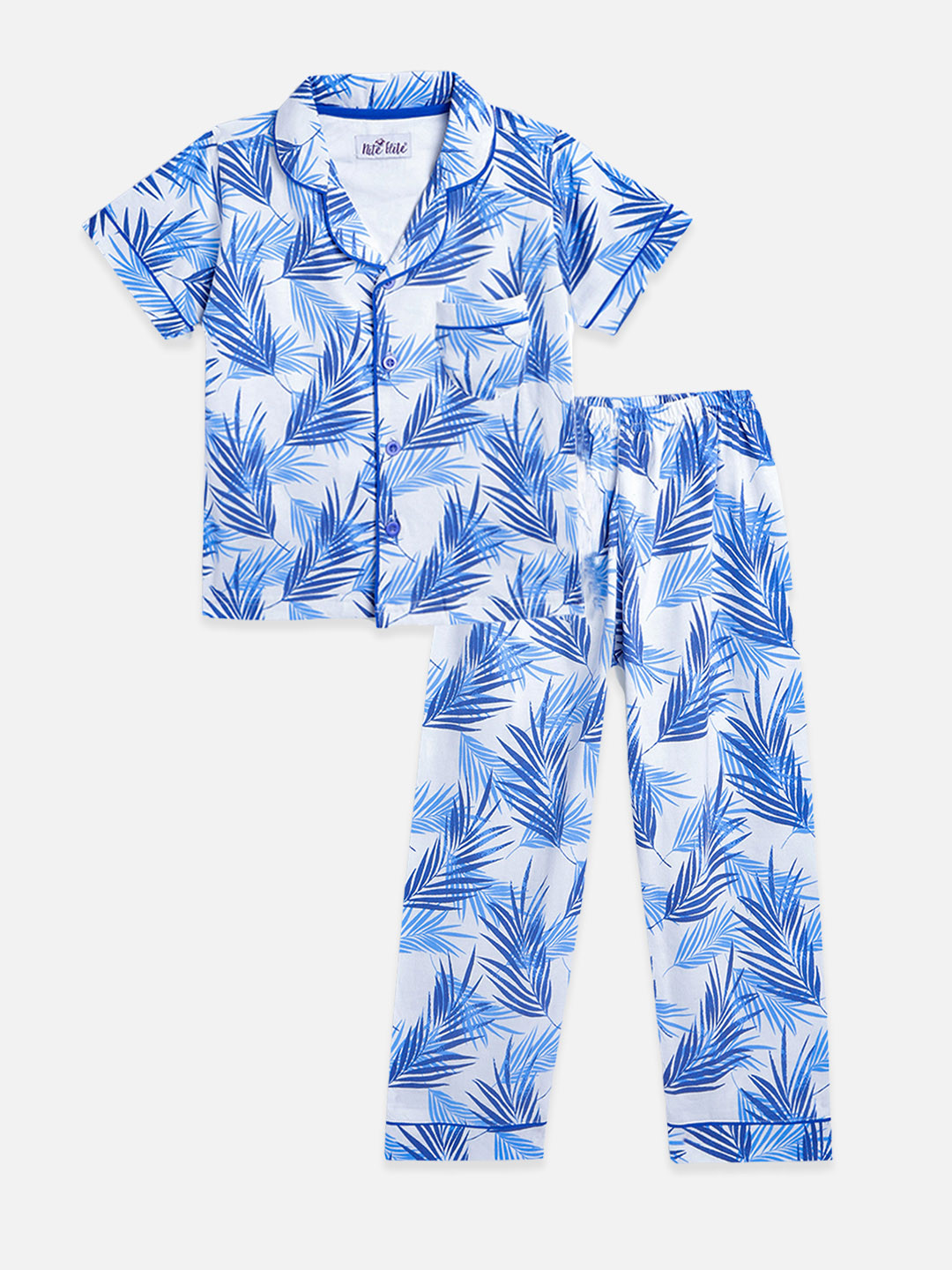 

Nite Flite Unisex Kids Off White & Blue Tropical Printed Pure Cotton Pyjama Set