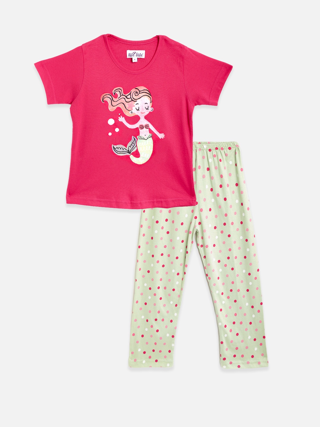 

Nite Flite Girls Pink & Green Mermaid Printed Pure Cotton Half Sleeves Pyjama Set