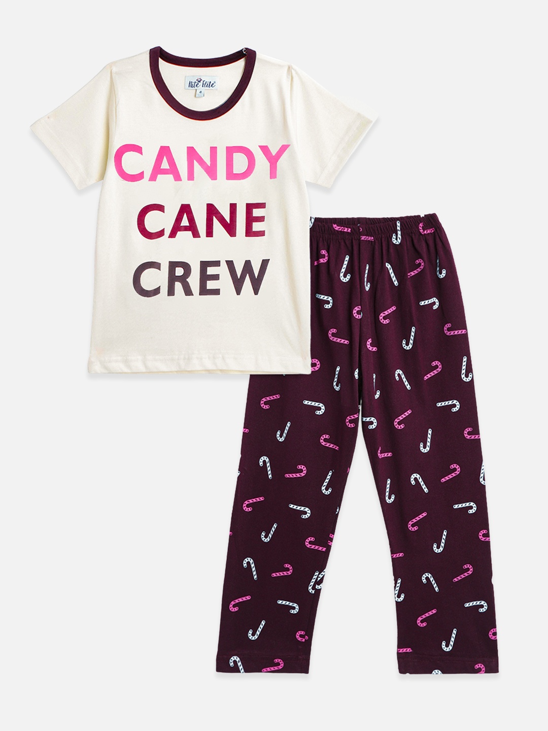 

Nite Flite Unisex Kids Off White & Maroon Candy Cane Printed Cotton Half Sleeves Nightsuit