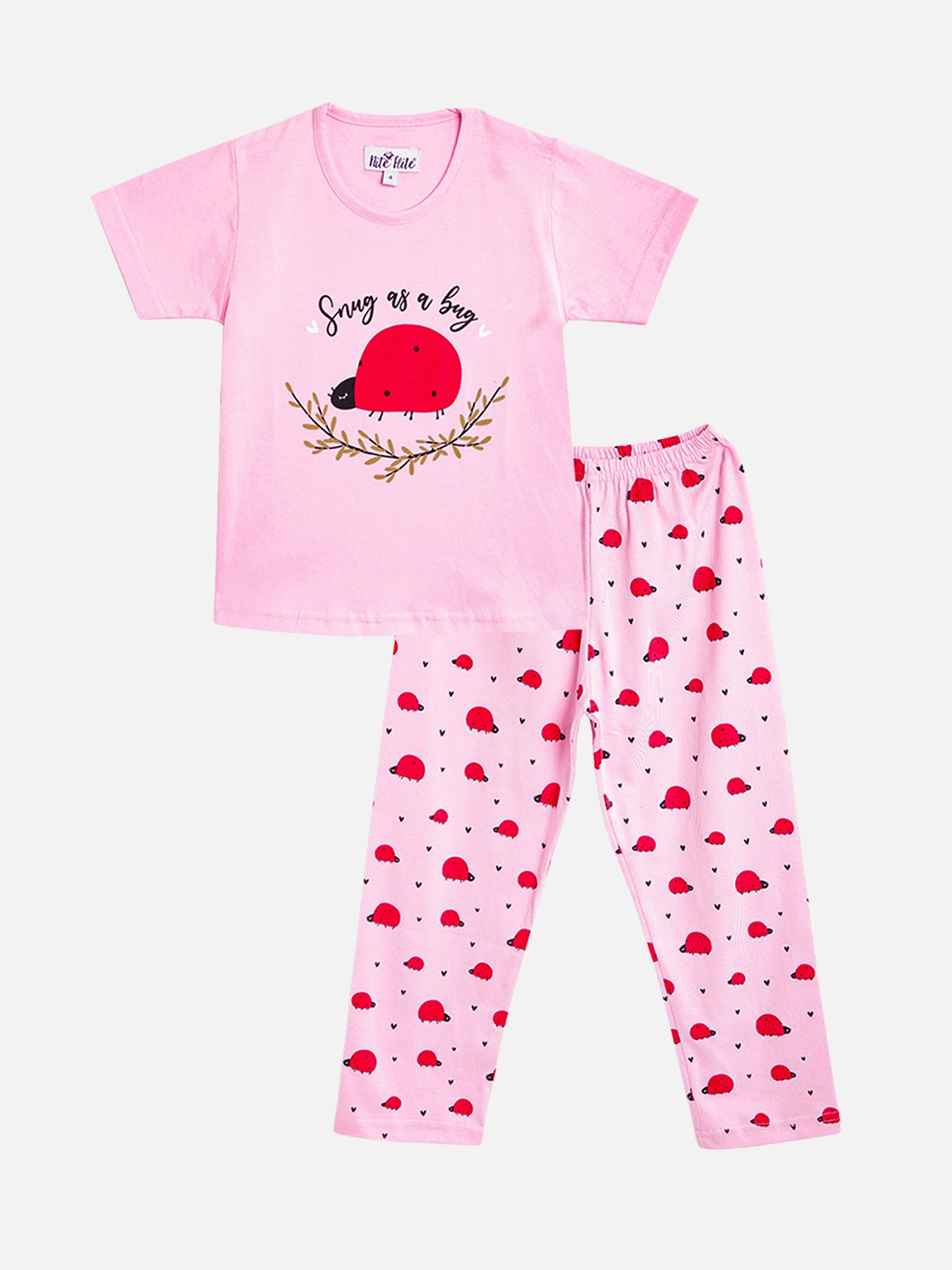 

Nite Flite Girls Pink Ladybug Printed Pure Cotton Half Sleeves Nightsuit