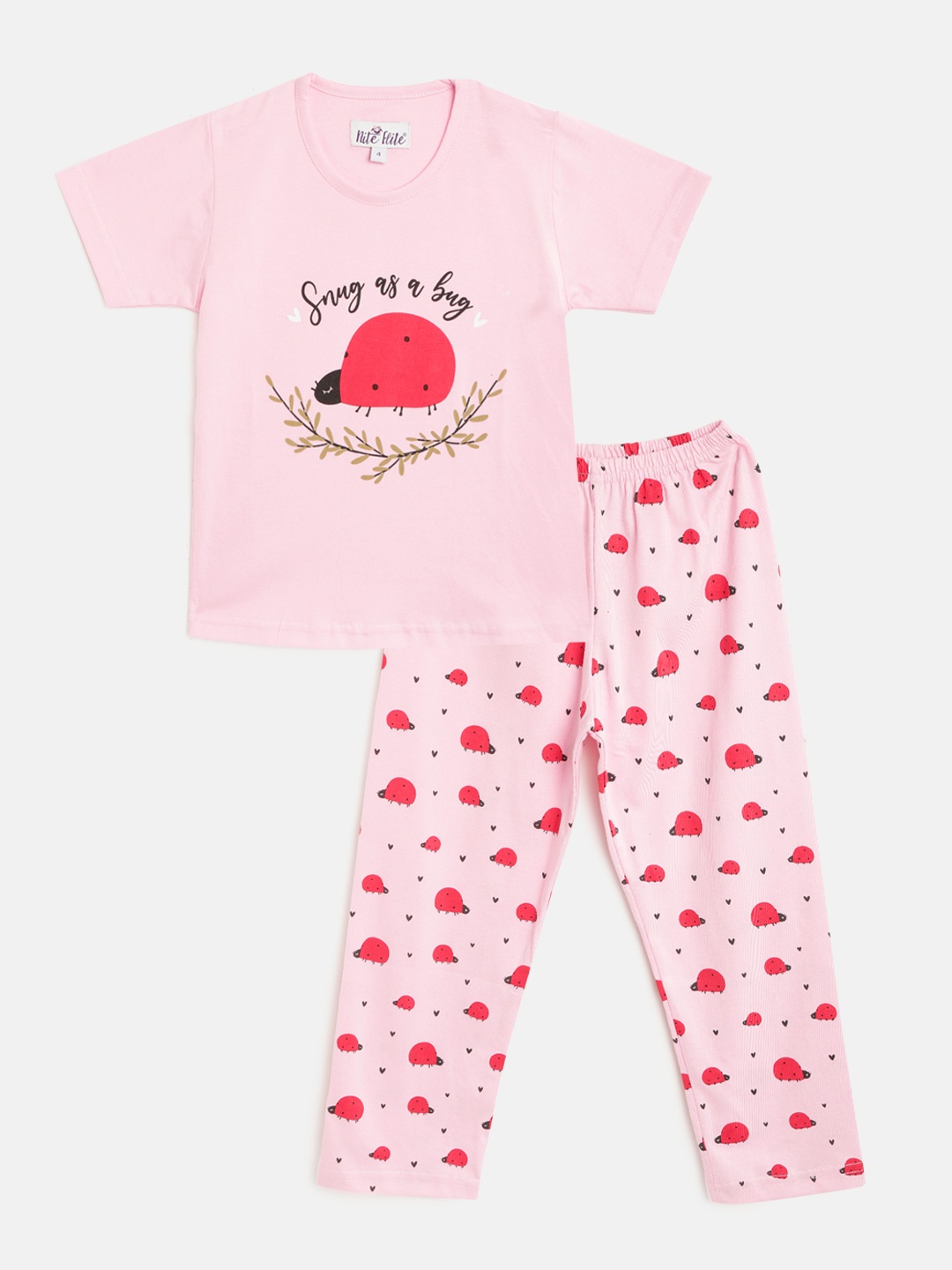 

Nite Flite Girls Pink Ladybug Printed Pure Cotton Half Sleeves Nightsuit