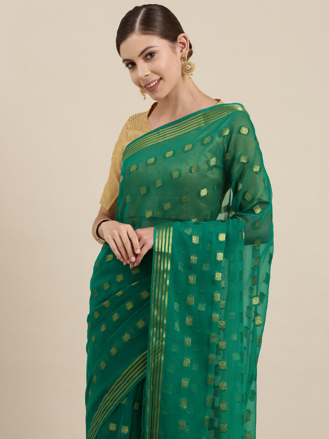 

SIRIL Women Green & Golden Woven Design Pure Chiffon Jacquard Weave Saree